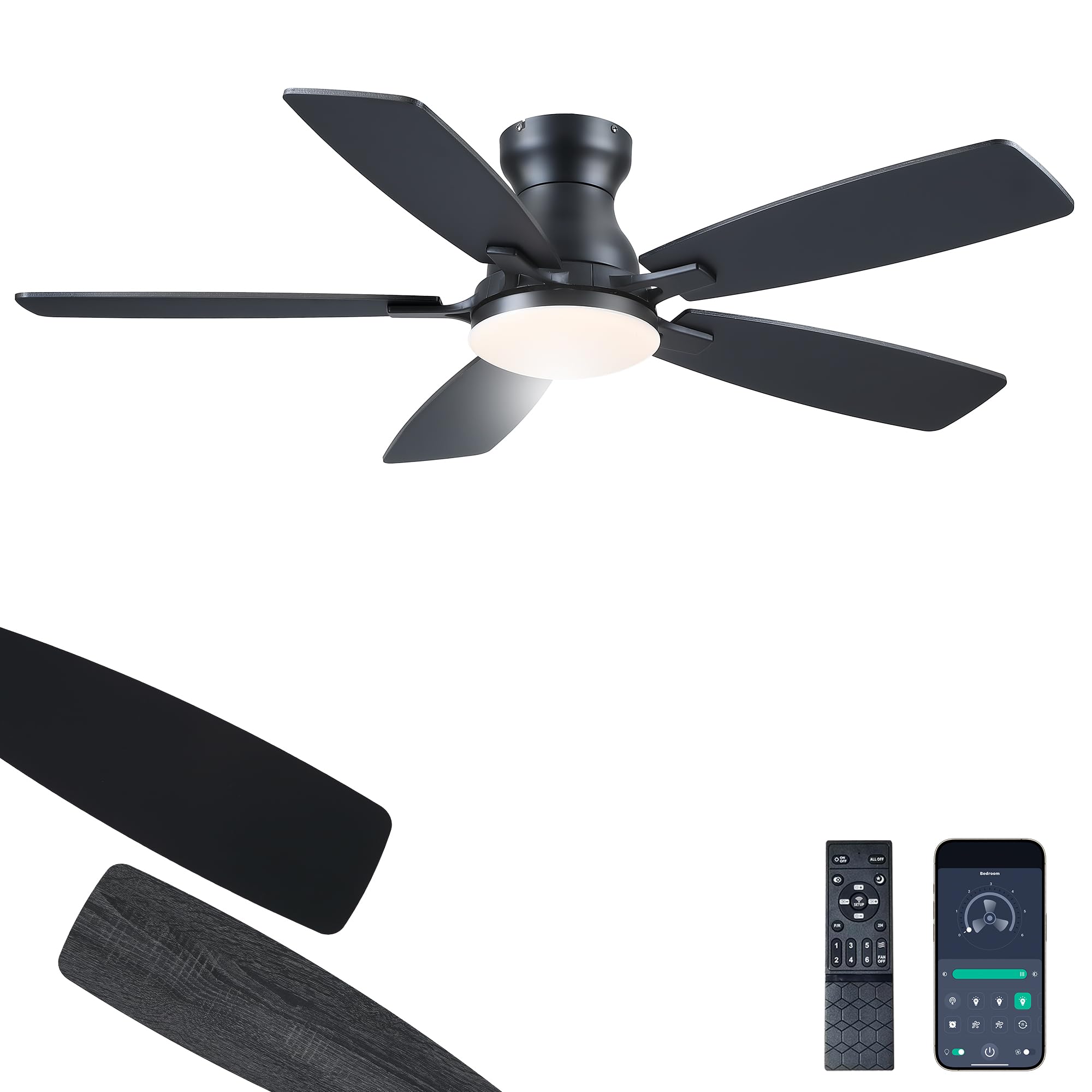 JSAITEE Ceiling Fans with Lights Flush Mount - 46 Low Profile Ceiling Fan with 5 Dual-Sided Blades and 6 Speeds 3CCT Dimmable, M