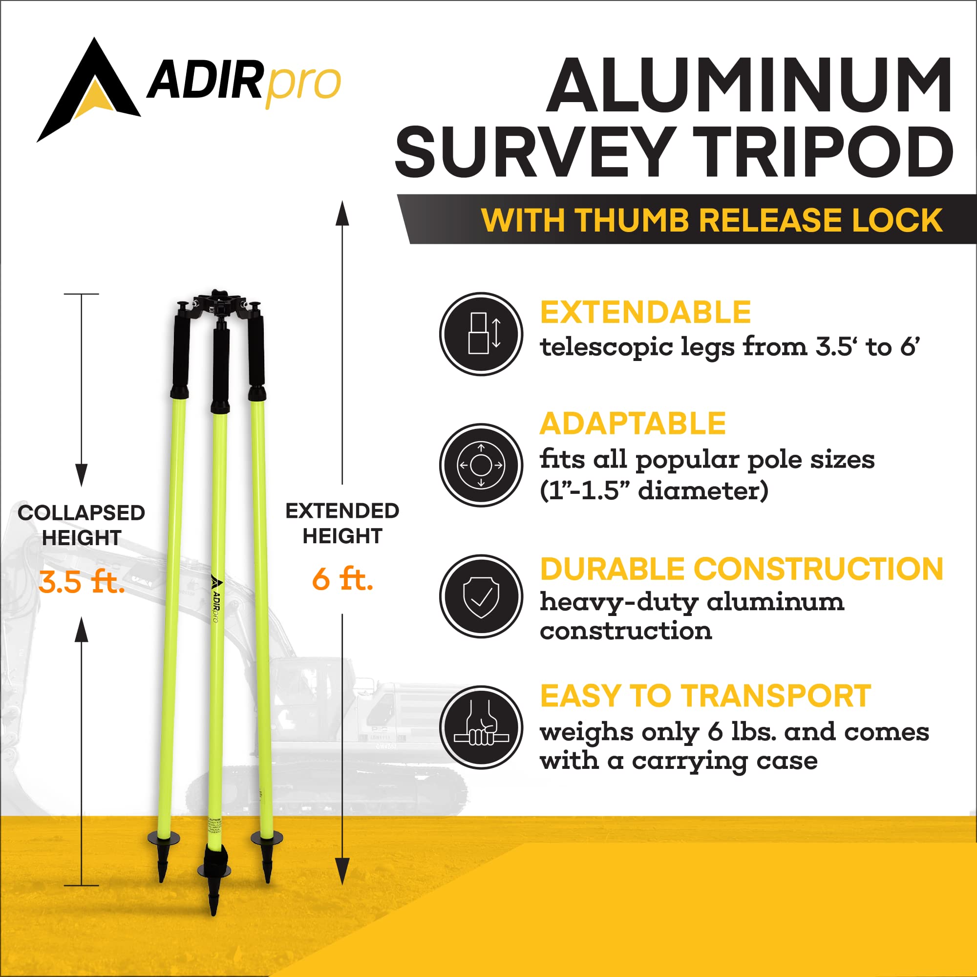 Adirpro Prism Pole Tripod � Aluminum Range Pole Tripod � Use For Survey Pole, Rover Rod, Gps Pole � Gnss Rtk Rod Stand   Survey Equipment For Total Station Surveying (Fluorescent Green)