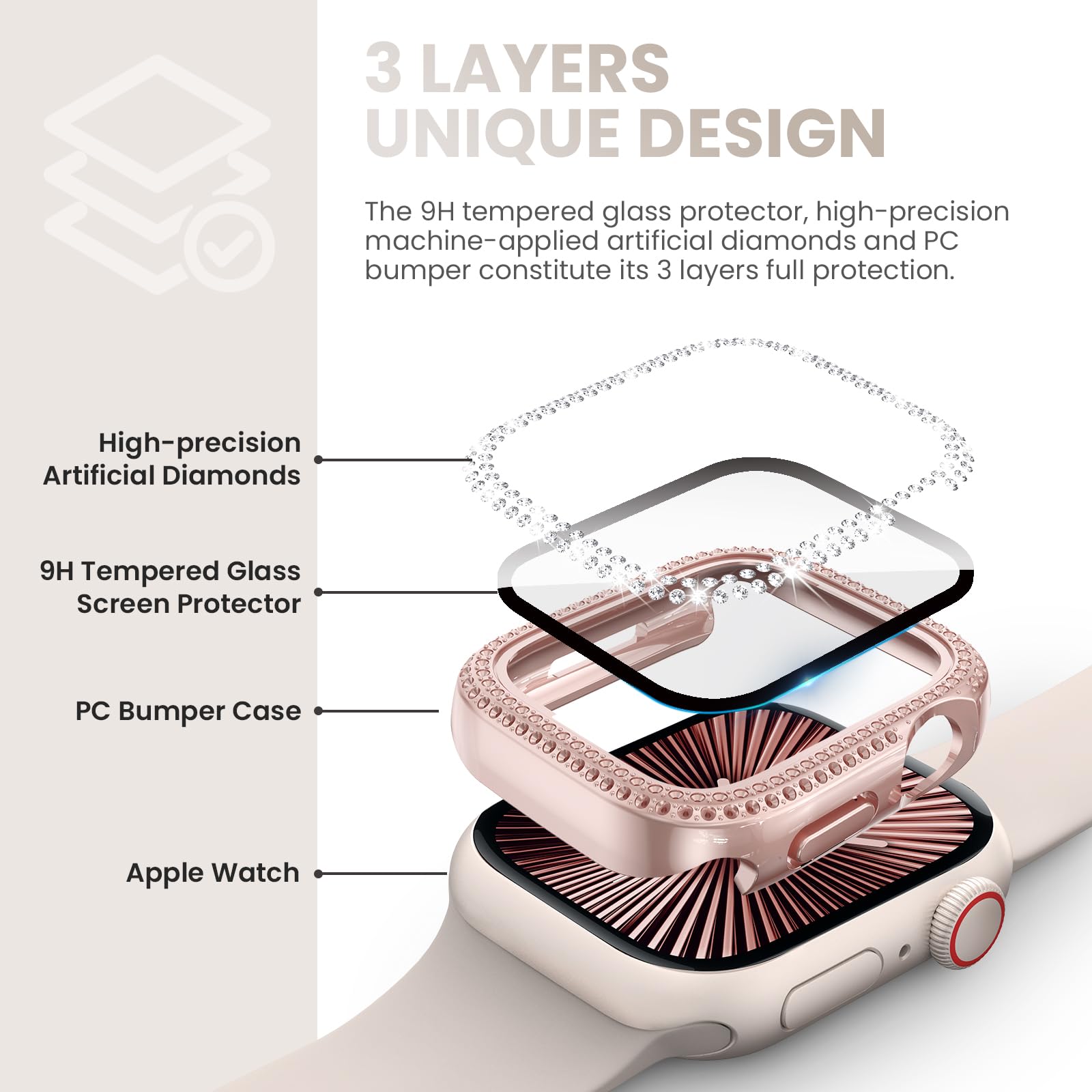 Tensea [3Pack For Apple Watch Screen Protector Case Series 10 42Mm Accessories, Iwatch Hard Pc Diamond Bumper Case Built In Temp