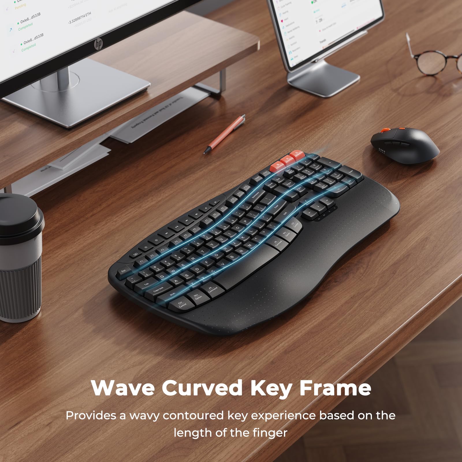 Meetion Wave Ergonomic Keyboard And Mouse Wireless, Usb/Bluetooth Wave Ergo Keyboard With Wrist Rest, 4 Dpi Adjustable Swing Whe