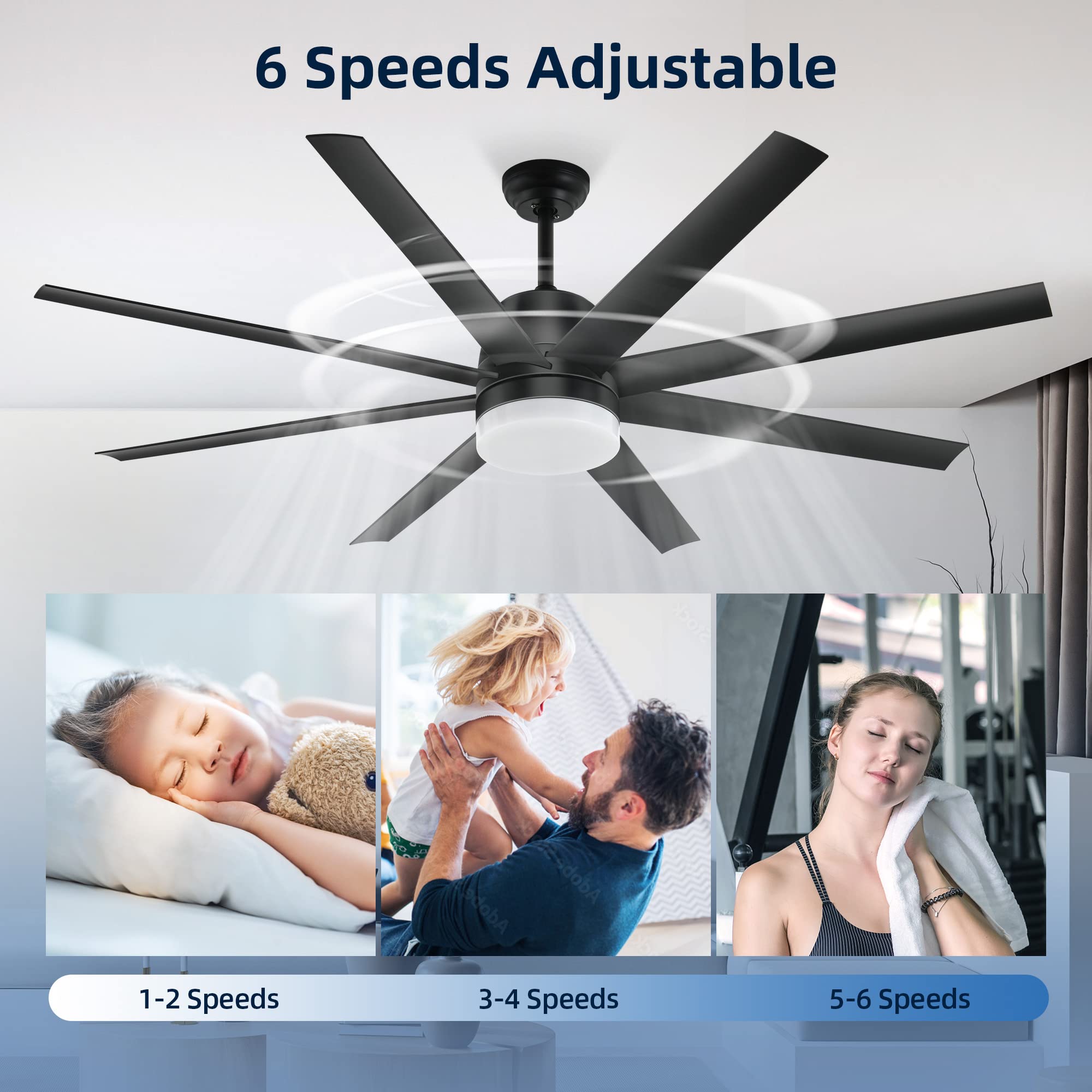 YITAHOME 60 Inch Black Ceiling Fan with Lights, Remote, 6-Speed Motor, Dimmable LED, Modern Design for Bedroom & Living Room
