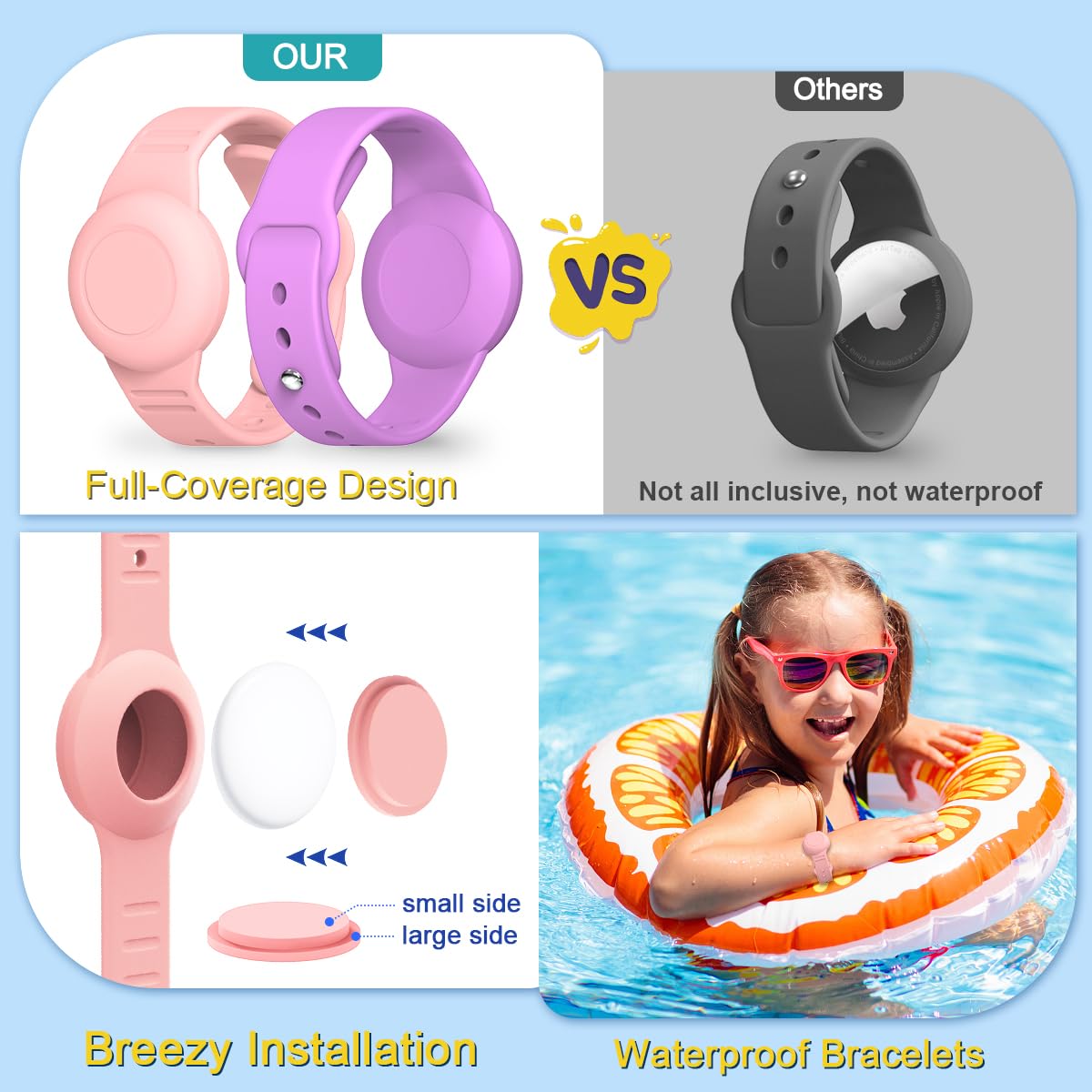 [4 Pack] Waterproof Air Tag Bracelet & Air Tag Necklace For Kids, Silicone Air Tag Hidden Wristband Kids Air Tag Holder Compatib
