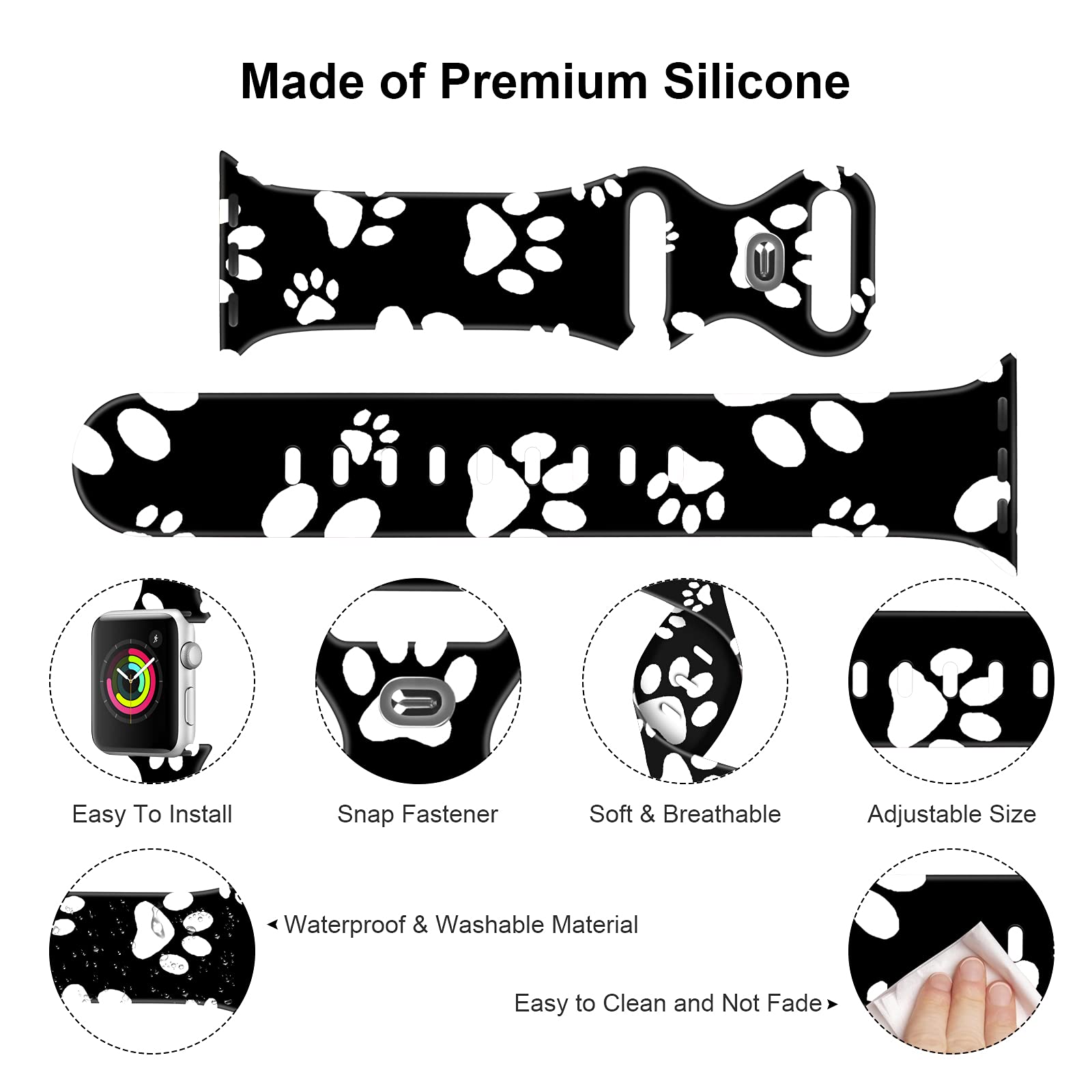 Bxxtpk White Puppy Paw In Black Background Cat Paw Compatible With Apple Watch Band 42Mm 44Mm Soft Silicone Wristbands For Iwatc