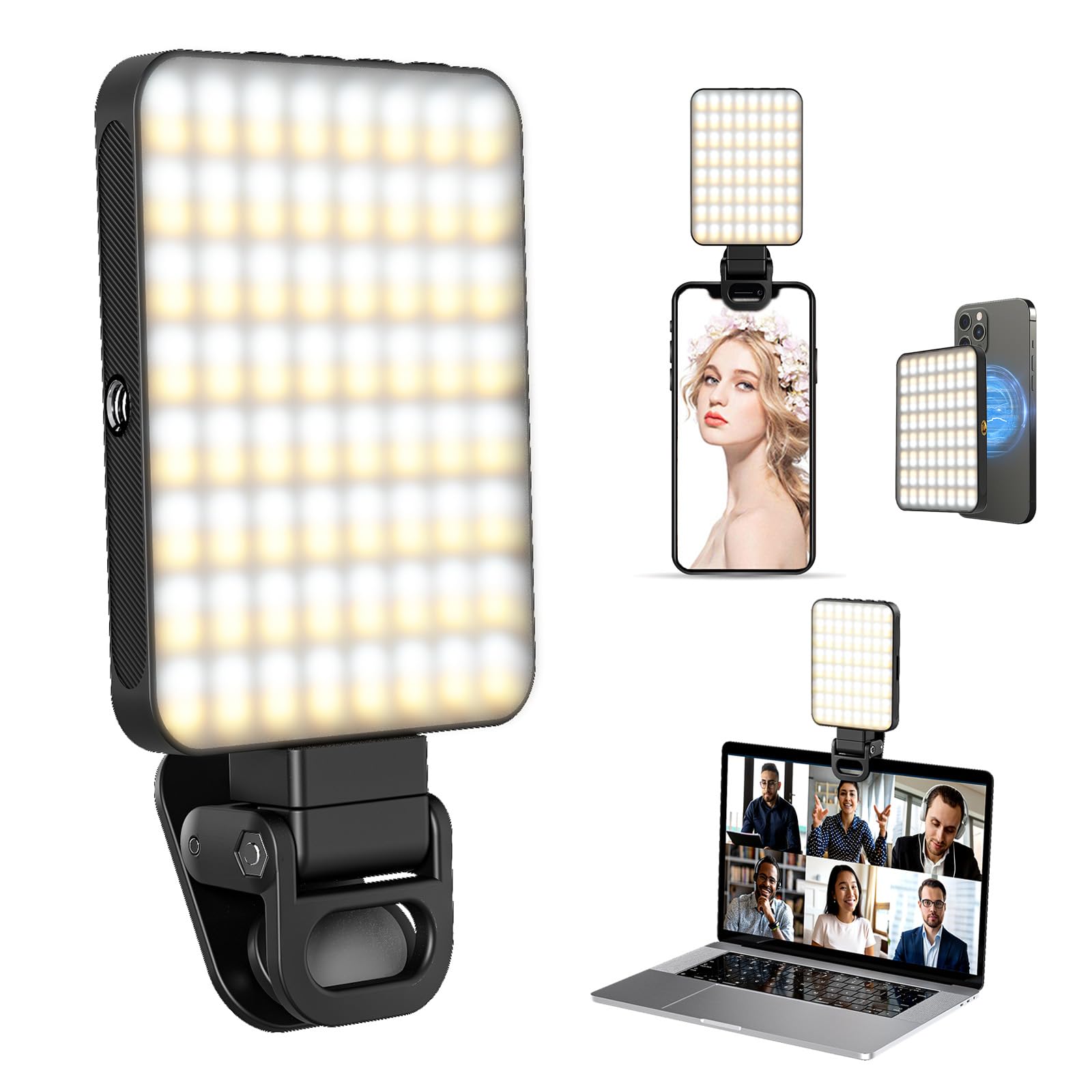 XINBAOHONG Selfie Light, Rechargeable Magnetic Clip Light for Video Conference | 128 LED Portable Light with Universal Compatibi