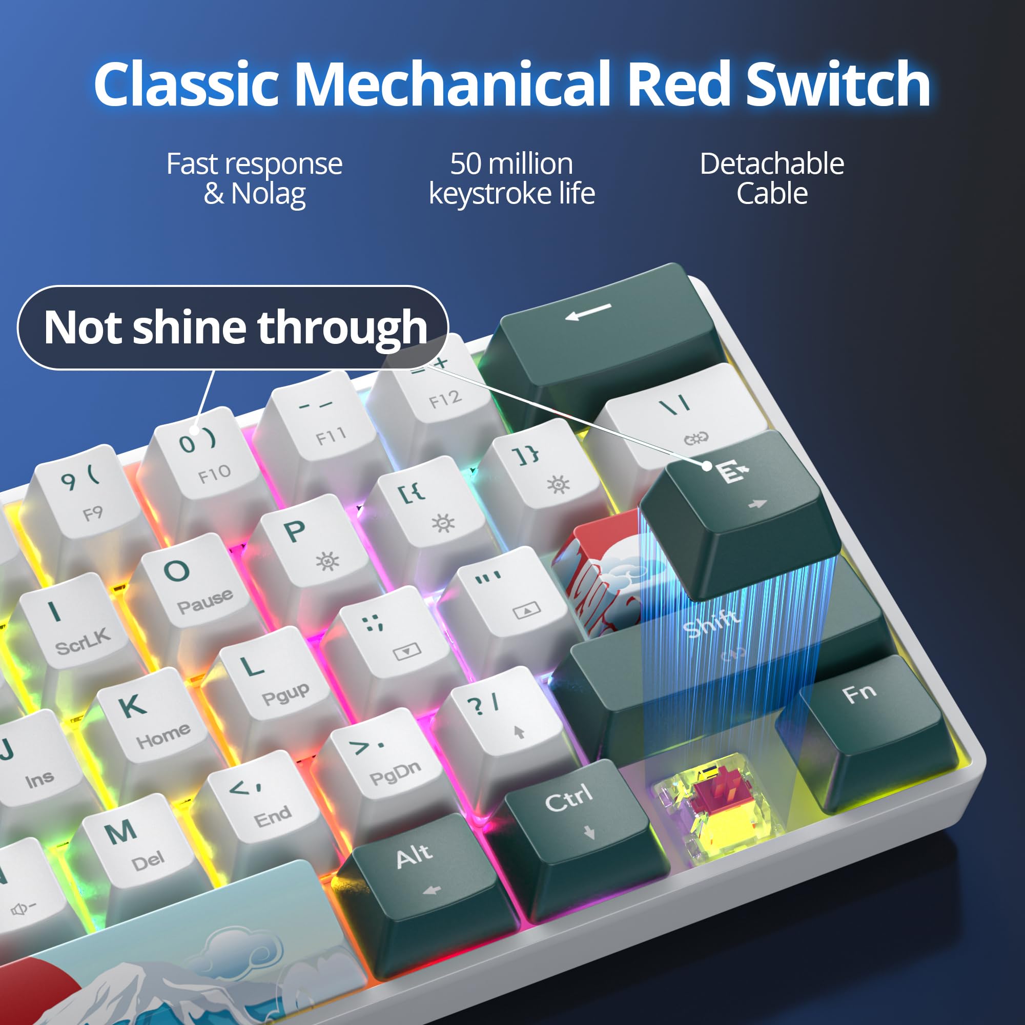 surmen Wireless 60% Gaming Keyboard, Hot Swappable RGB, Mini Bluetooth, Gateron Red Switch, Green 61, USB-C, for Windows/Mac