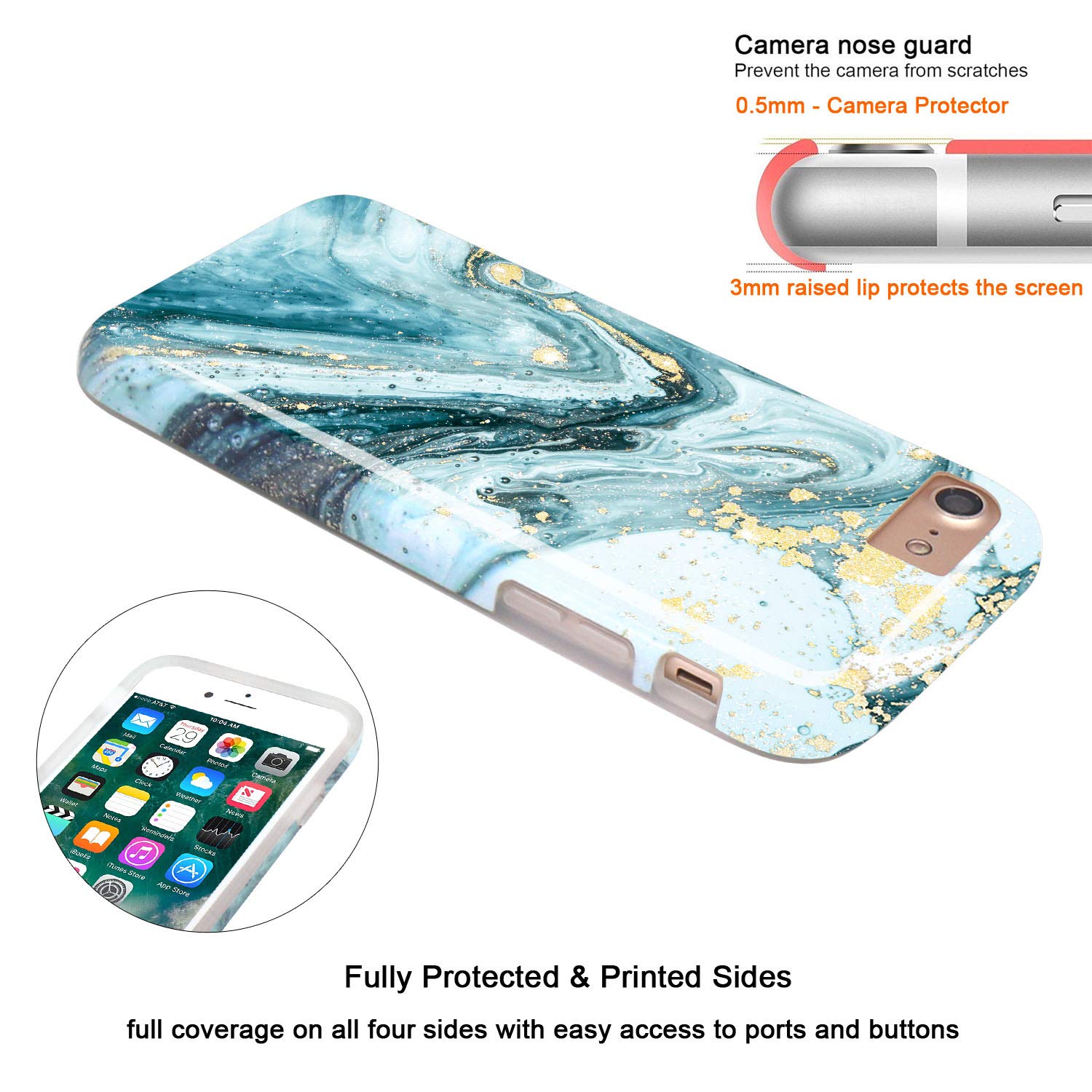 JIAXIUFEN iPhone SE 2022 2020 6 6s 7 8 Case Gold Glitter Blue Marble TPU Slim Shockproof Flexible Cover