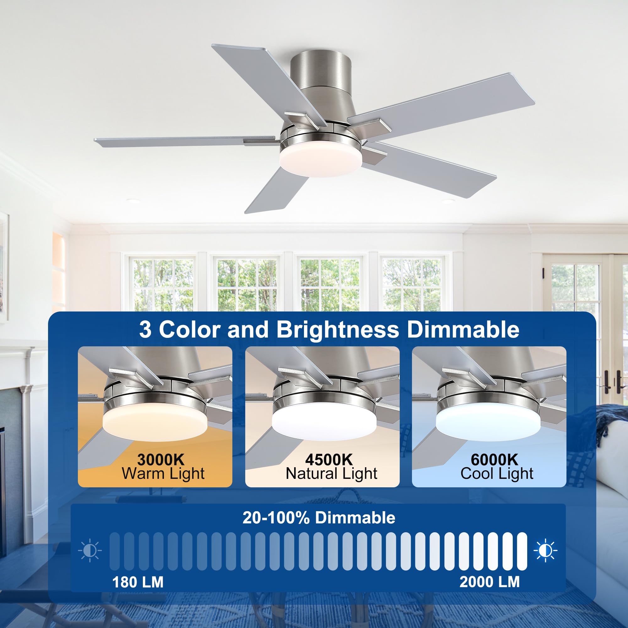42 Inch Ceiling Fans With Lights And Remote,Flush Mount Silver Ceiling Fan With 5 Blades,6 Speed Reversible Dc Motor,3Cct Dimmab