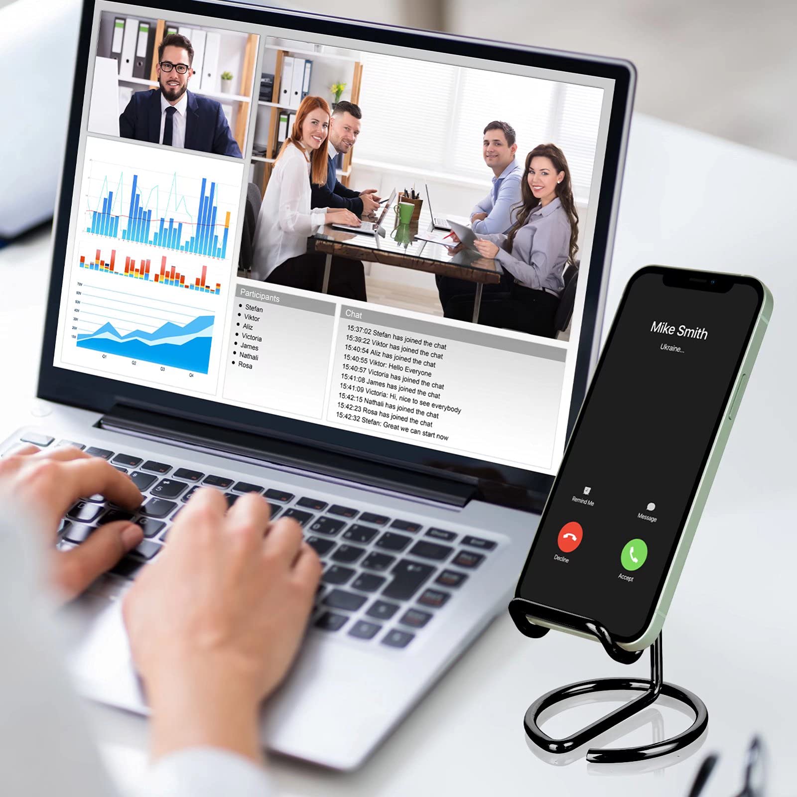 Roposy Cell Phone Stand For Desk, Cute Metal Black Cell Phone Stand Holder Desk Accessories, Compatible With All Mobile Phones,