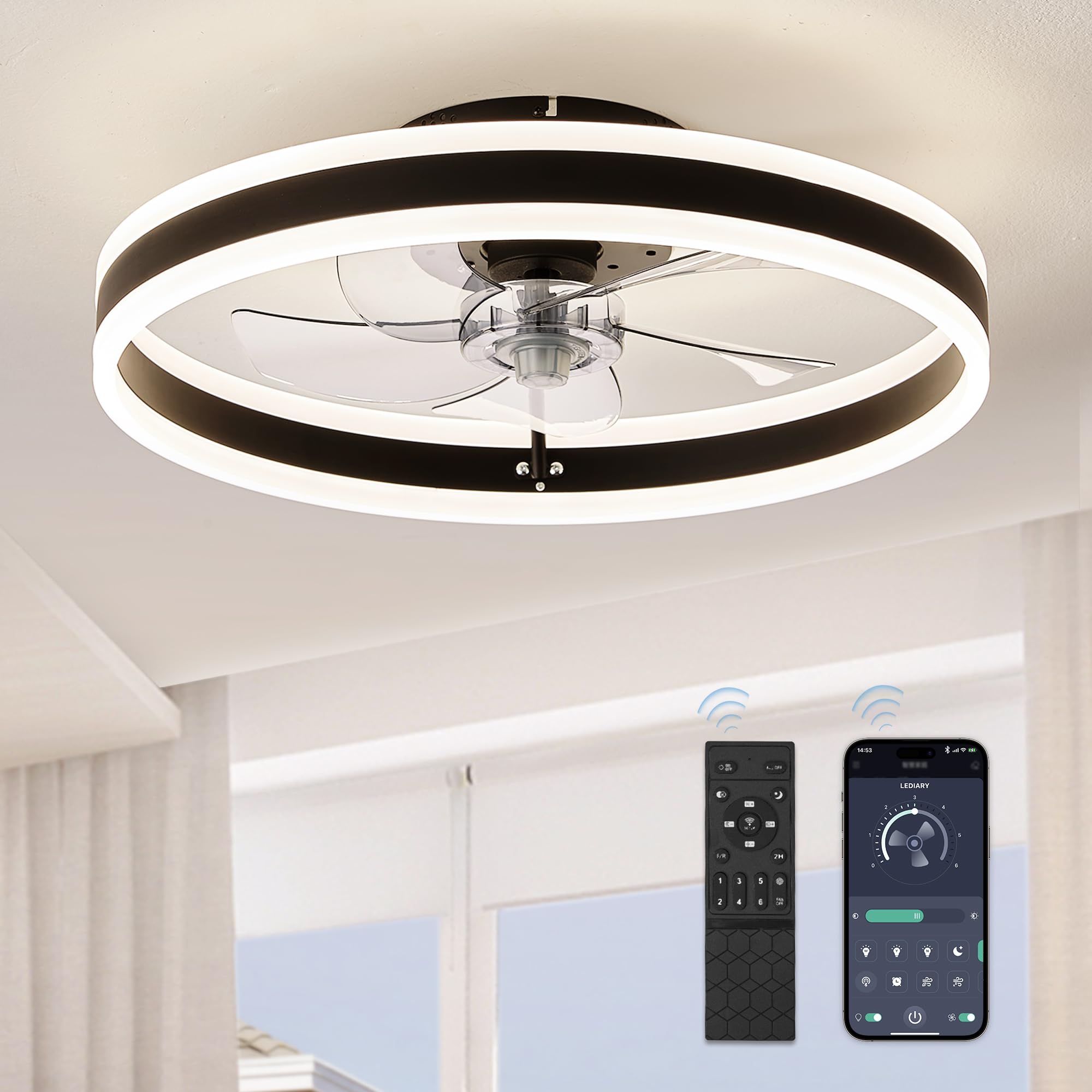 LEDIARY Low Profile Ceiling Fans with Lights, Flush Mount Modern Ceiling Fan and Remote Control, 19.7 LED Ceiling Fans, Stepless