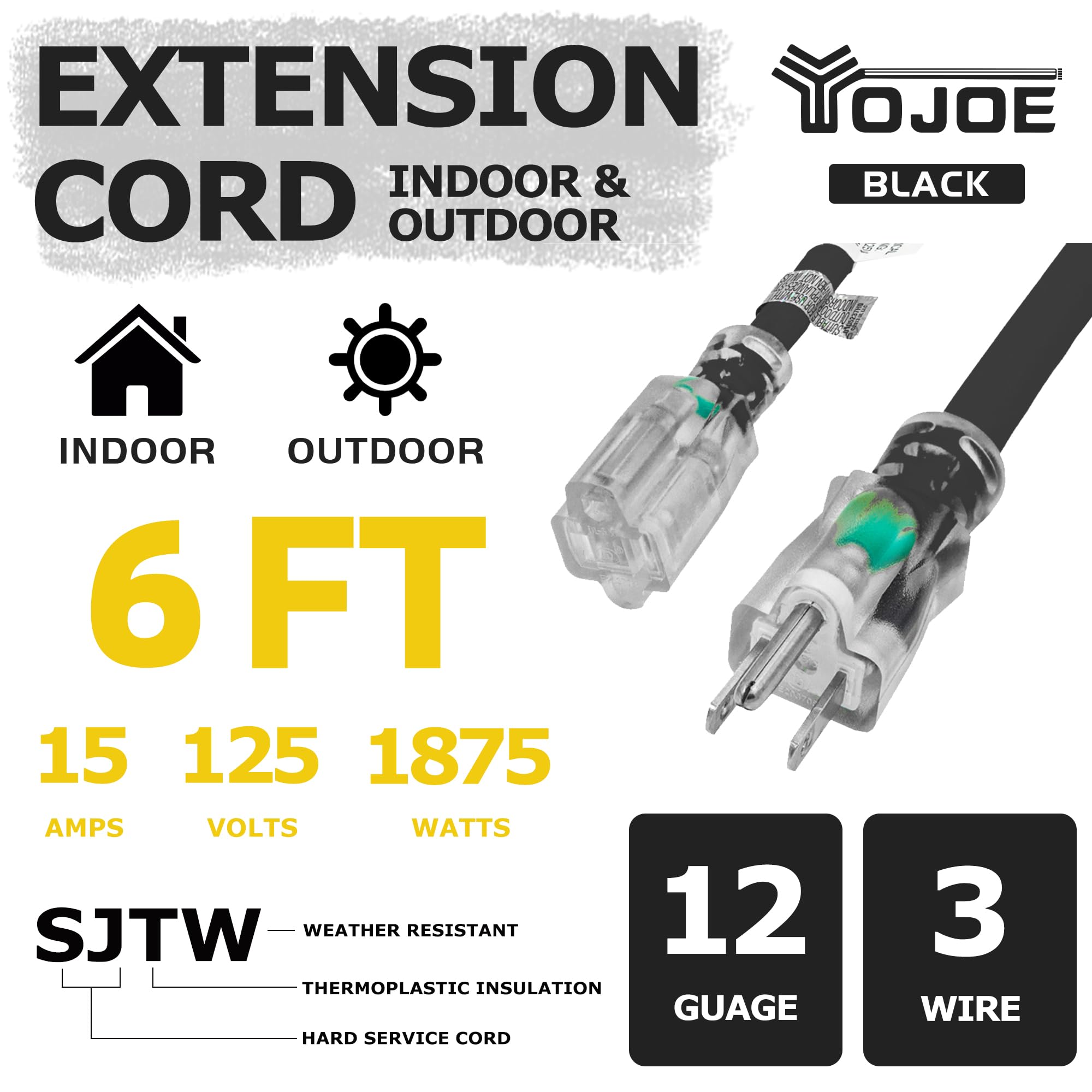 Yojoe Indoor Outdoor Extension Cord With Lighted End, 3 Prong 15A Weatherproof Power Extension Cord, 12 Gauge Heavy Duty 6 Ft Bl