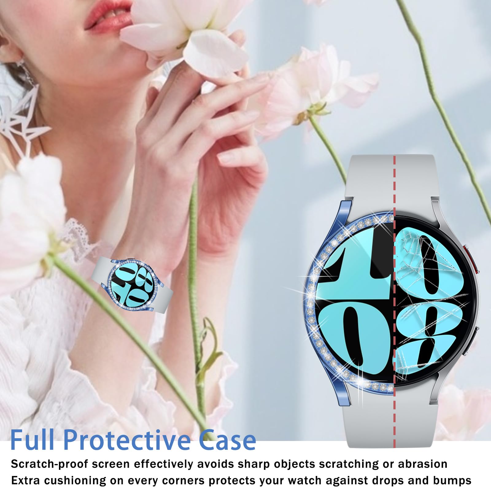 [8Pack] Richone Screen Protector Compatible With Galaxy Watch 6 44Mm, Glitter Rhinestones Protective Case For Samsung Smart Watc