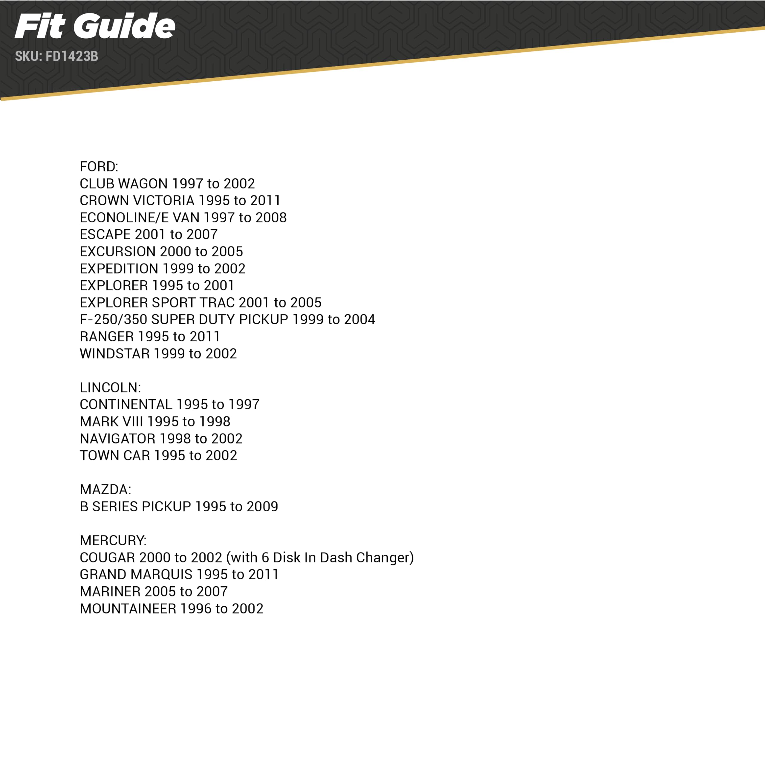 Scosche FD1423B Single DIN Radio Dash Kit Compatible with Select 1995 11 Ford, Lincoln, Mazda and Mercury Vehicles   Aftermarket Car Stereo Installation Kit   See Fit Guide in Images for Your Vehicle