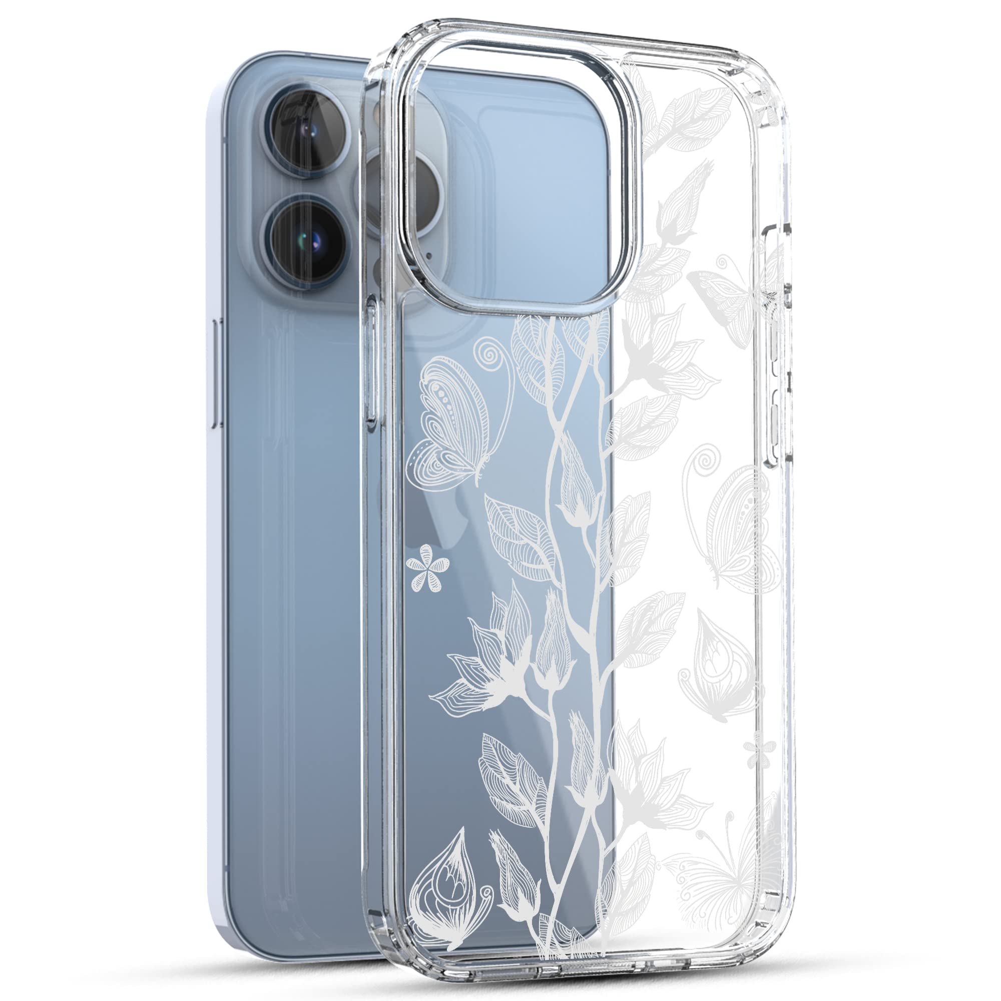 RANZ iPhone 13 Pro Case Anti-Scratch Shockproof Clear TPU PC Flower Butterfly 6.1"
