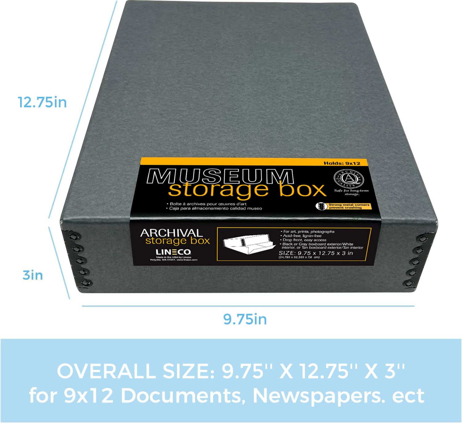 Lineco Museum Archival Storage Box, 9.75X12.75X3 In. Drop Front Design. Acid Free With Metal Edge. Organize Photos, Pictures, Prints, Documents, Crafts, Diy. Gray, 2 Pack