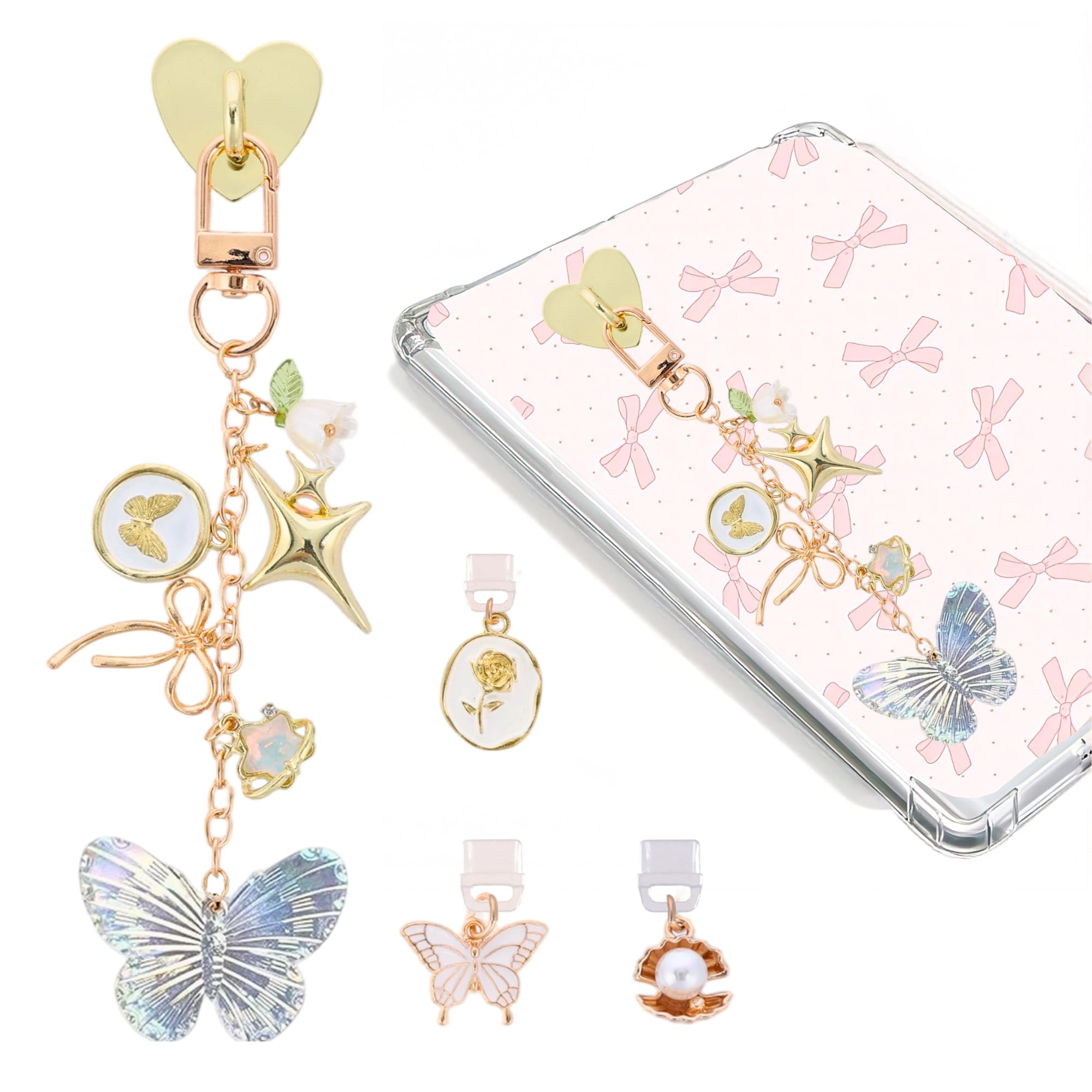 TAKEALOOKO Dust Plug Charm Chains for Kindle - 4Pcs Cute Butterfly Star Bowknot E-Reader Phone Charms Type C Dustplug & Bracelet