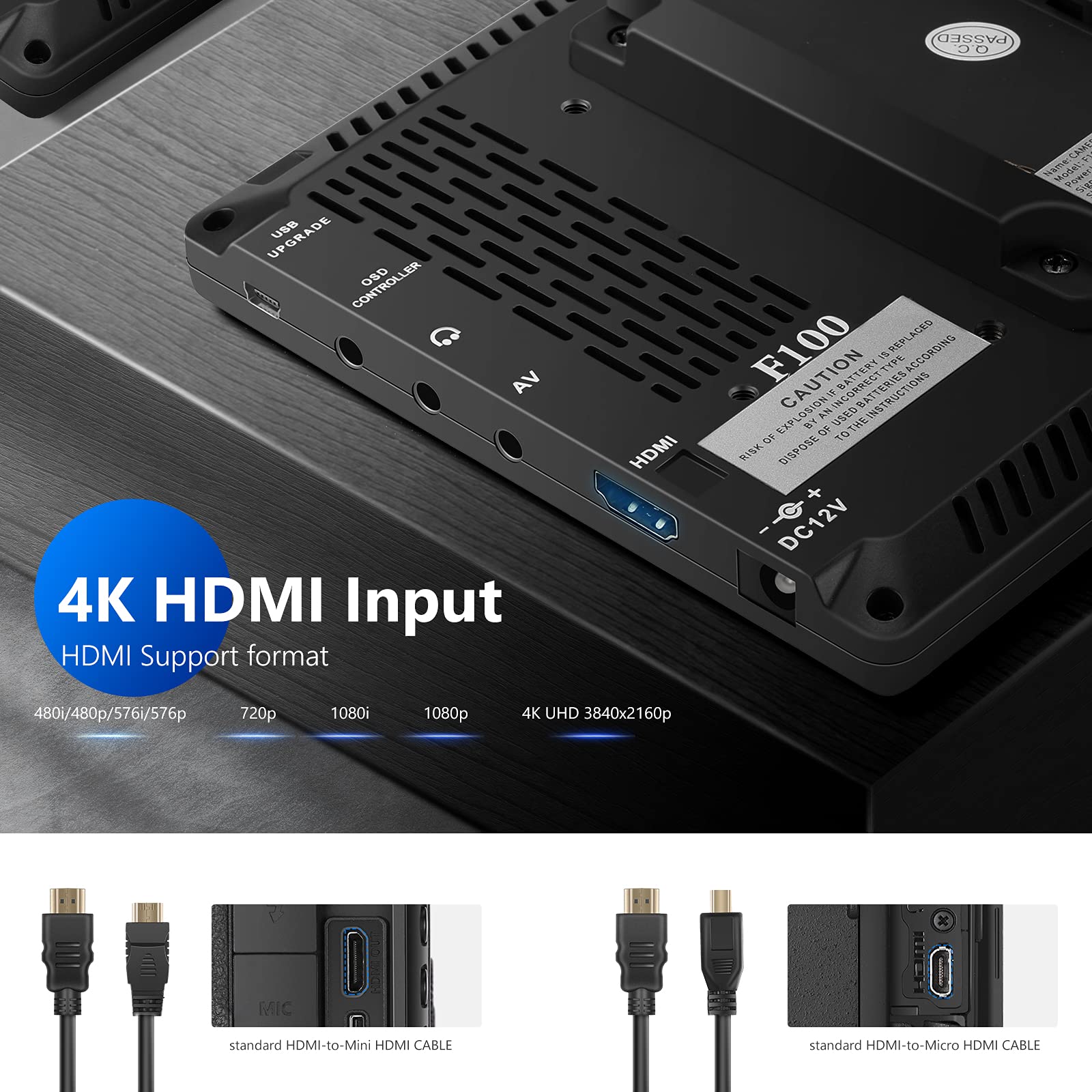 Neewer F100 7 Inch Camera Field Monitor Hd Video Assist Slim Ips 1280X800 Hdmi Input 1080P With 2600Mah Li Ion Battery/Usb Charg