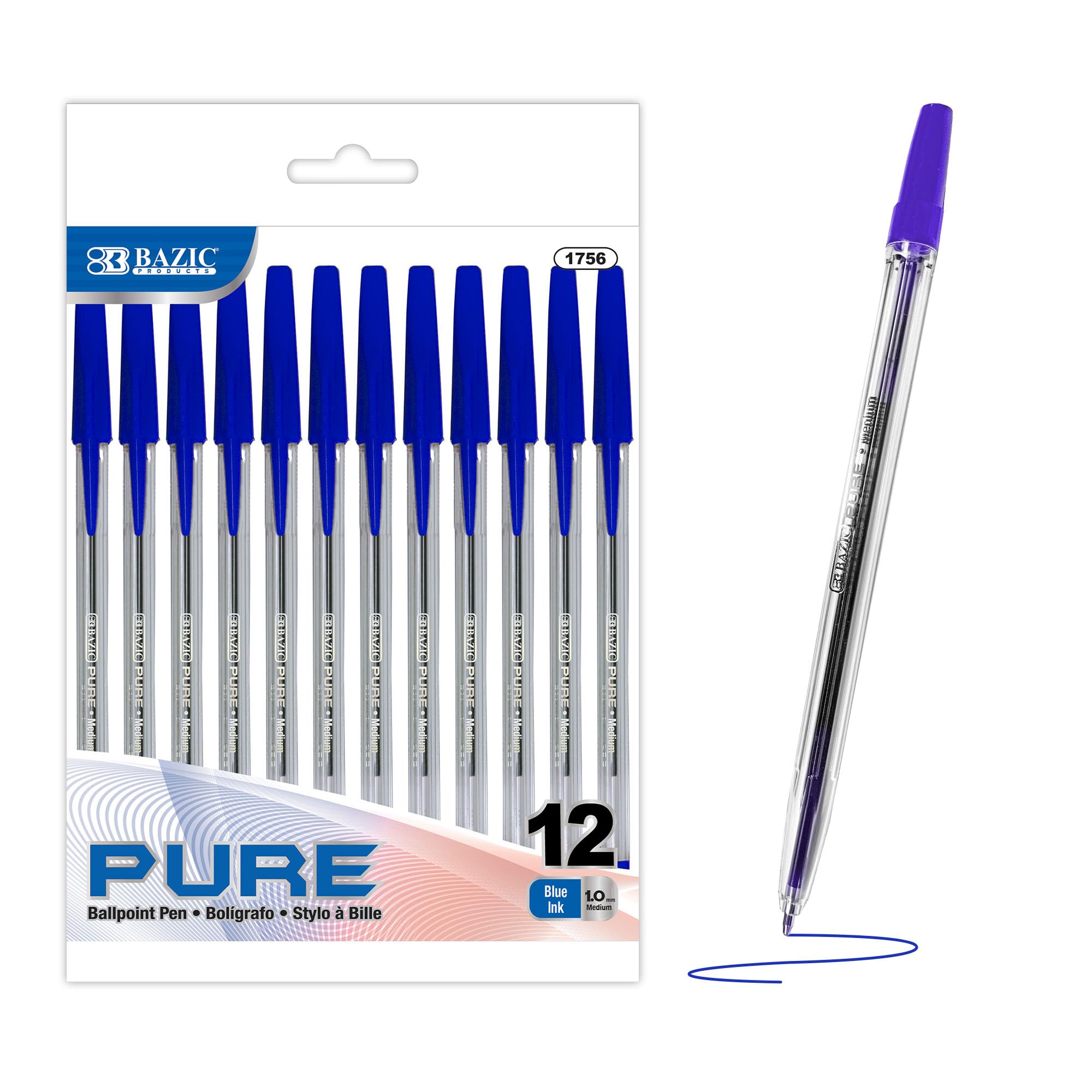 Bazic Ballpoint Pen Pure Blue Color Stick Pens, 1.0 Mm Bold Point Smooth Writing, For Office School Teacher (12/Pack), 1 Pack