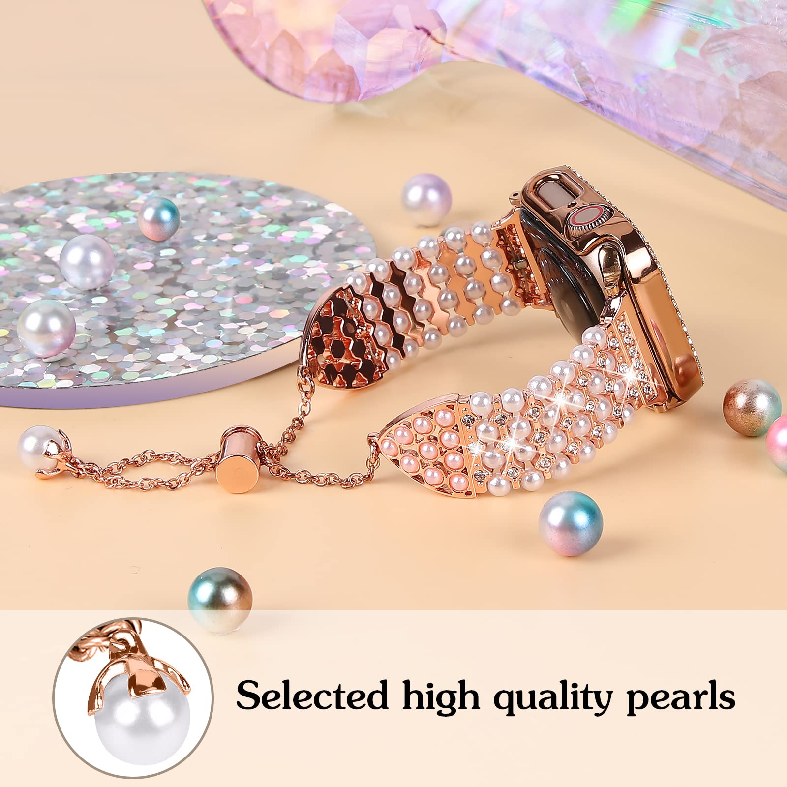 Joyozy Bling Pearl Bracelet 44Mm And Case Compatible For Apple Watch Band 44Mm, Women Sparkle Diamond Case With Rhinestone Cute