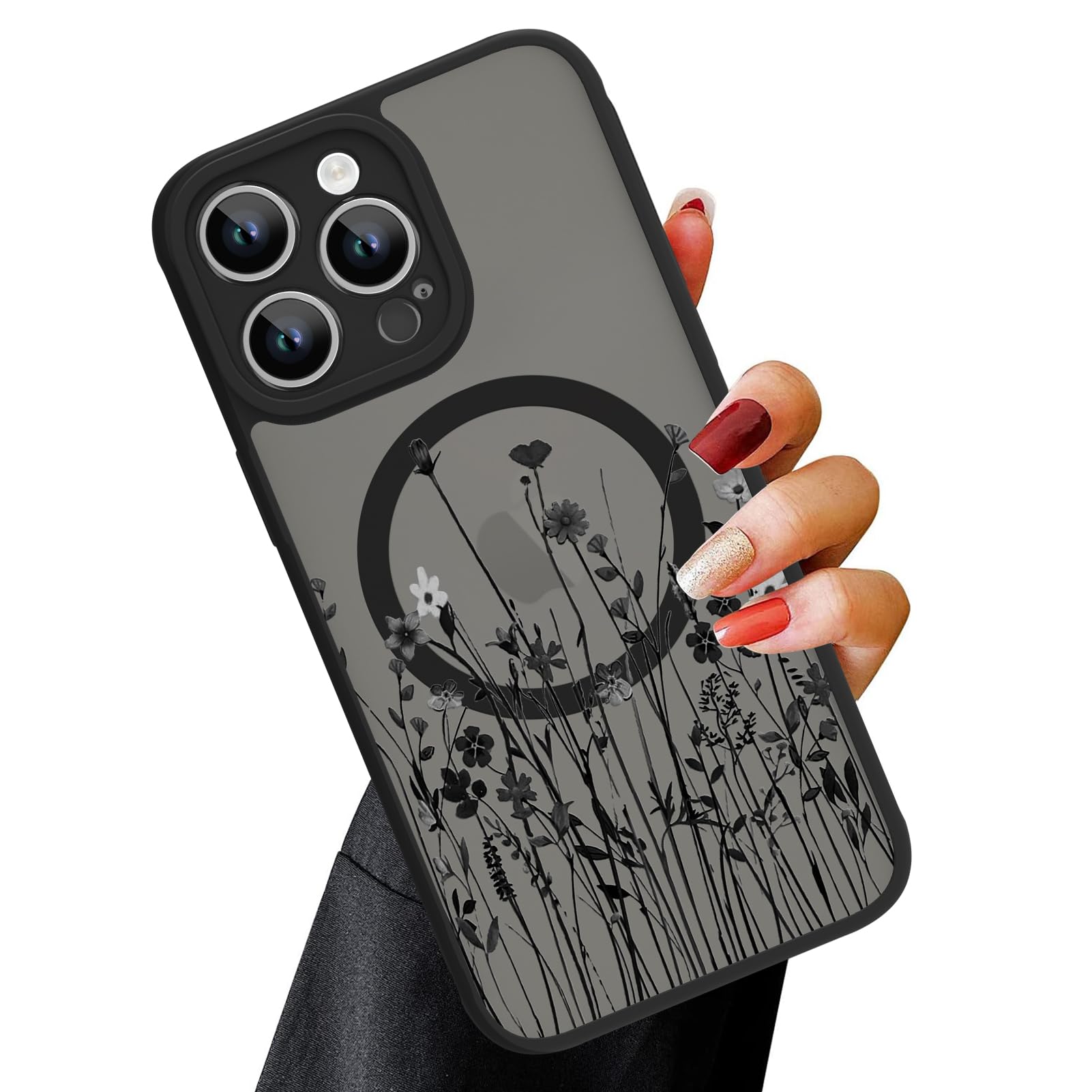 Ook Magnetic For Iphone 12 Pro Max Case [Compatible With Magsafe] Black Wild Flower Slim Translucent Matte Case For Iphone 12 Pr