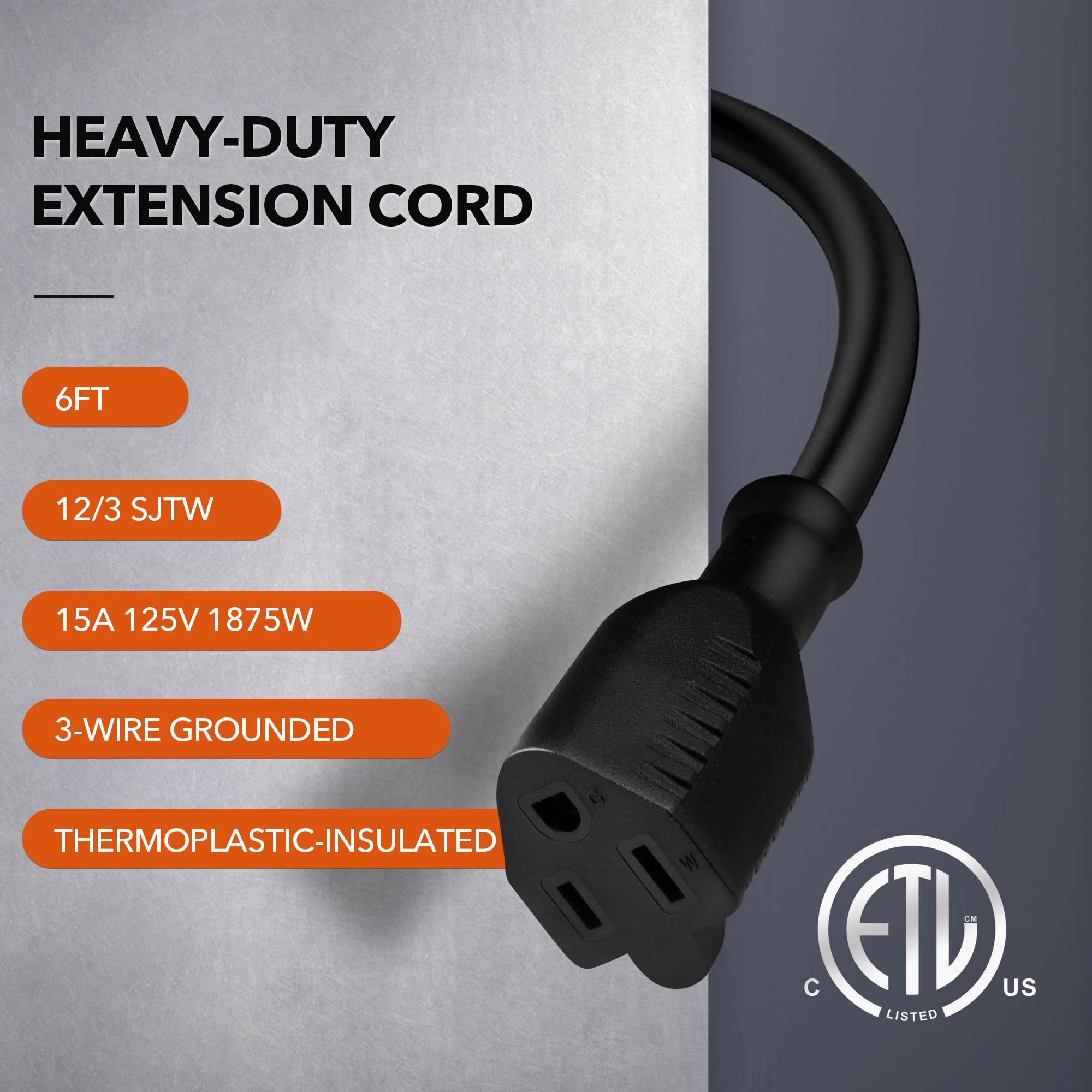 Bn Link 6Ft Outdoor Extension Cord, 12/3 Sjtw Heavy Duty Power Cord, 3 Prong Grounded Plug, Weather Resistant, 15A, 1875W, Black