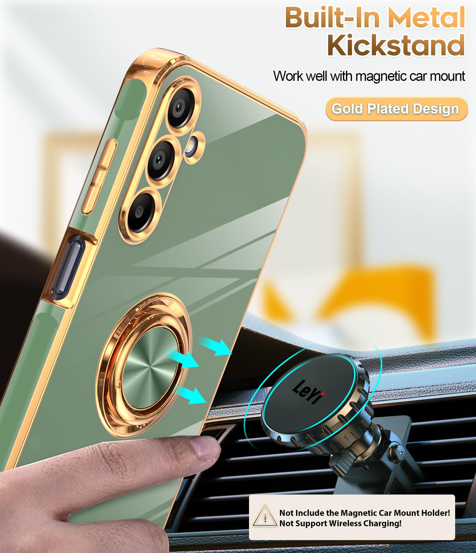 Leyi For A15 5G Case: With Tempered Glass Screen Protector [2 Pack] 360 Rotatable Ring Holder Magnetic Kickstand, Plating Rose G