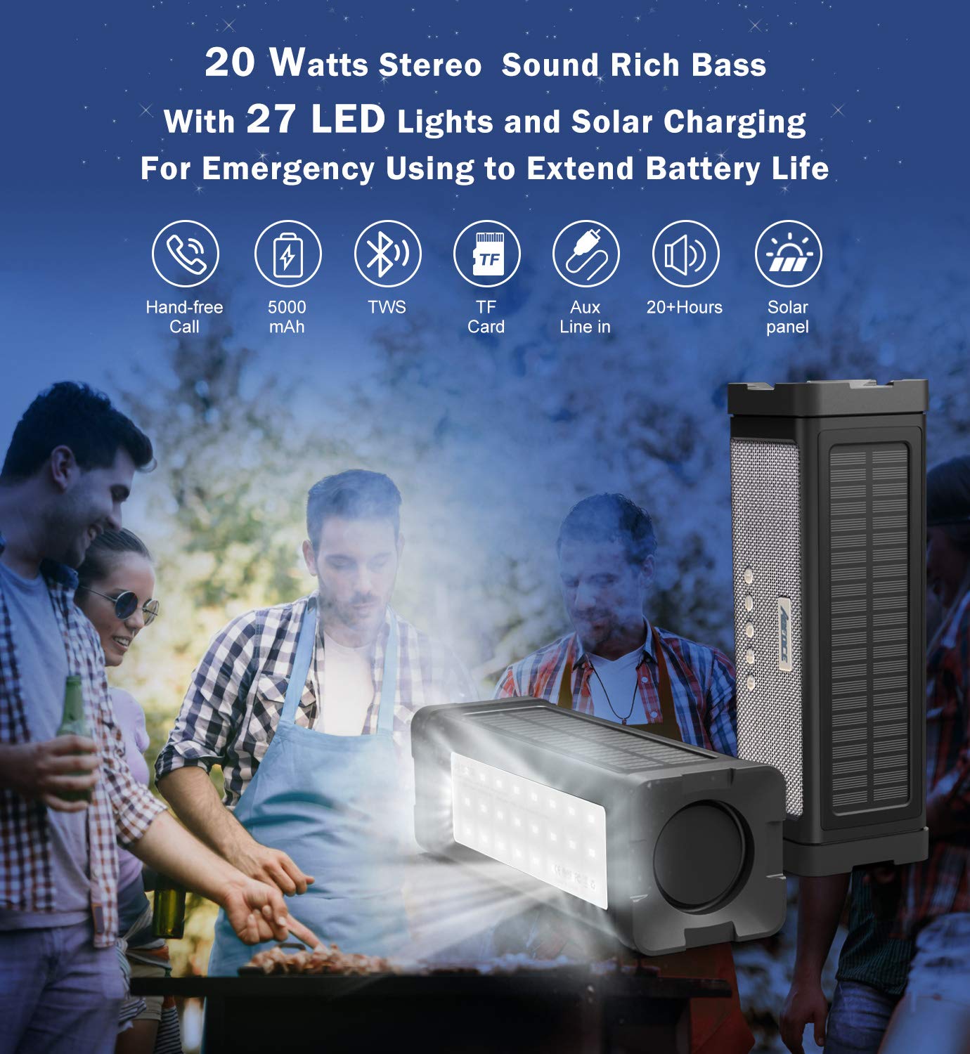 Abfoce Solar Bluetooth Speaker,Ipx7 Waterproof Portable 20W Rich Bass,With 27 Led Lights, 5000Mah Battery,Mic,Tf Card,For Outdoo