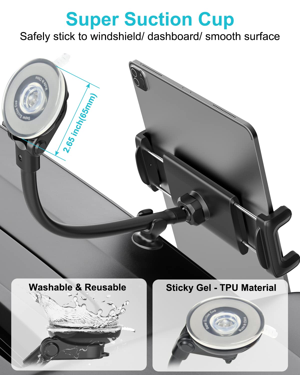 Dosvsi Car Tablet Holder - Windshield/Dashboard Suction Cup Mount, 360 Rotation & Flexible Gooseneck Cradle For Ipad, Galaxy Tab