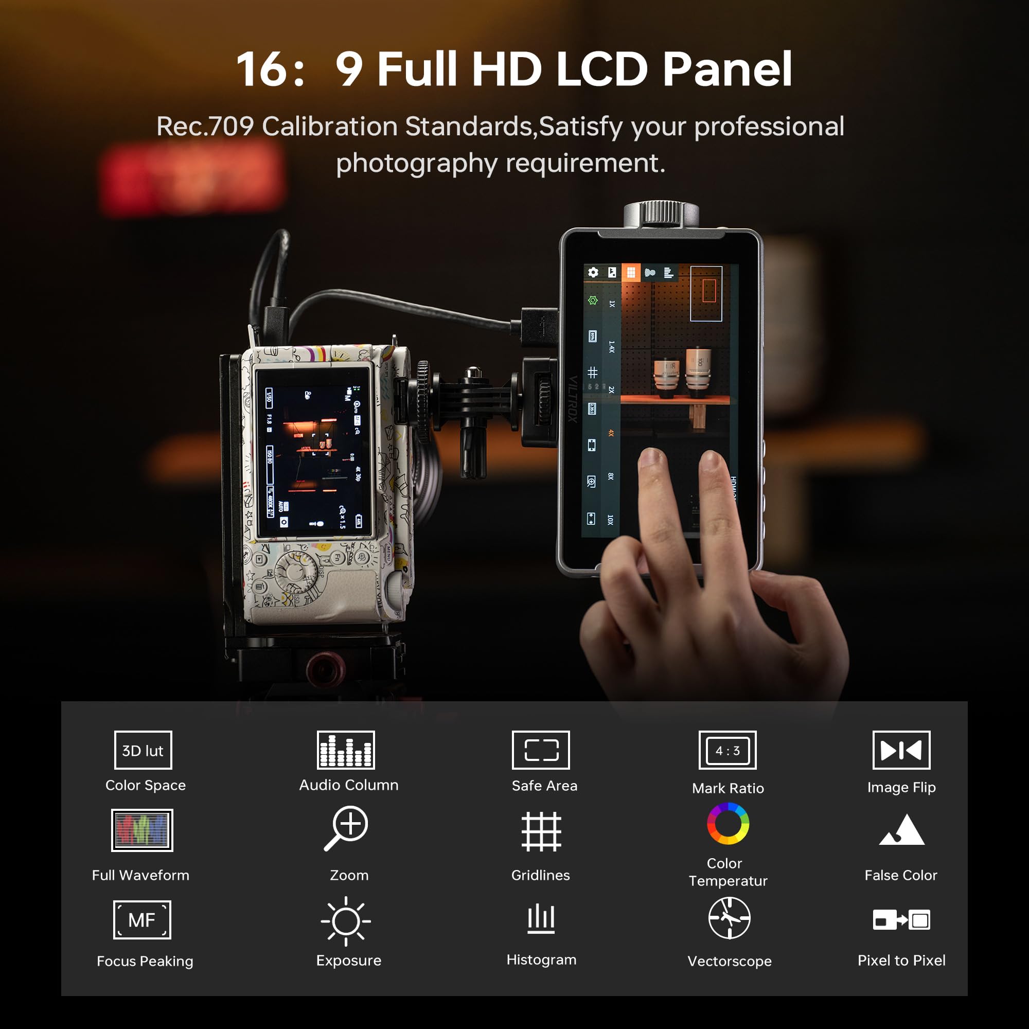 Viltrox Dc V1 Touchscreen Camera Video Monitor, 5.5 Inch 4K Hdmi In/Out Video Field Monitor Kit With Sunshade Hood, Support Batt