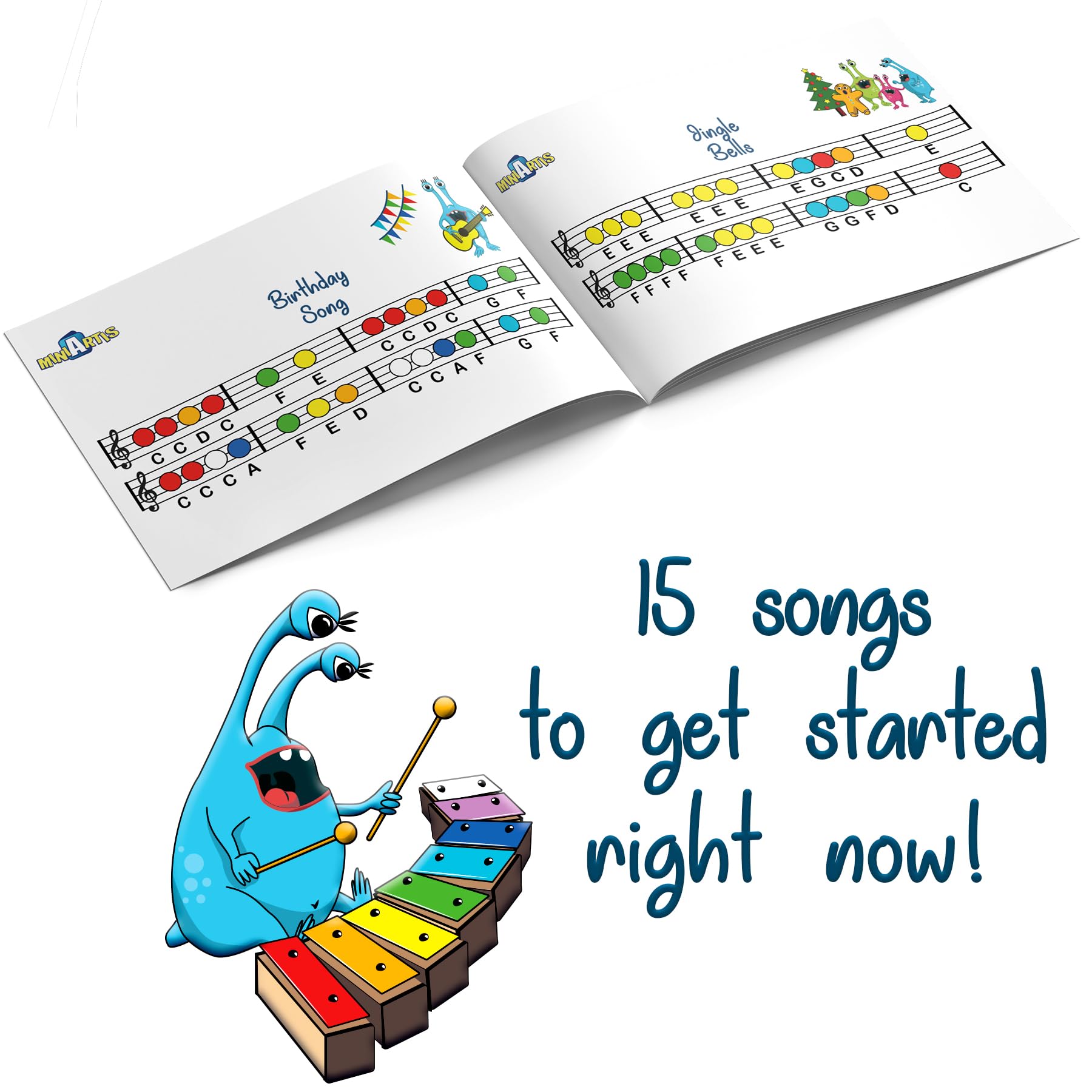 Miniartis Xylophone Glockenspiel 8 Notes Chromatic Resonator Bells For Kids Music Songbook With Green Case Great Holiday Birthda