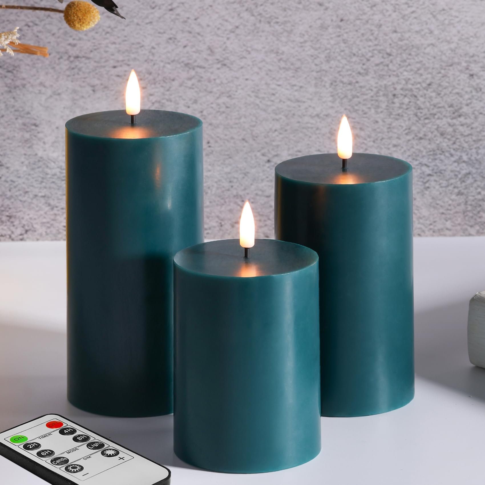 Girimax Dark Green Flameless Pillar Candles With Remote, Real Wax Flickering Battery Operated Led Candles F 3'' H 4'' 5'' 6''