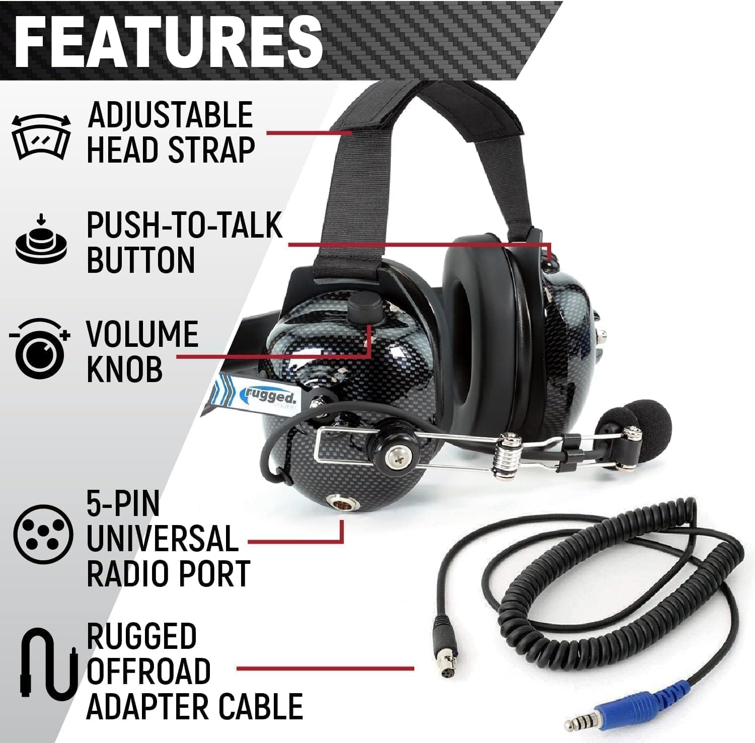 Rugged Carbon Fiber Behind The Head Headset And Adaptor Cable For Intercoms - Features 5-Pin To Off Road Coil Cord And Volume Co