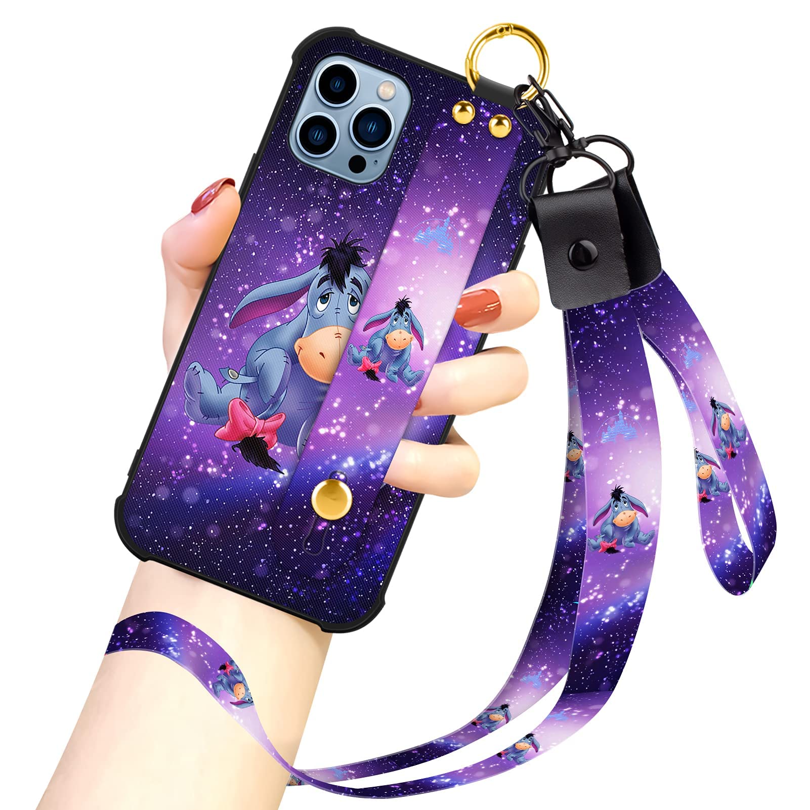 Cartoon Case For Iphone 13 Pro Max Case 6.7 Inch Cute Eeyore Cartoon Character Design With Lanyard Wrist Strap Band Holder Shock