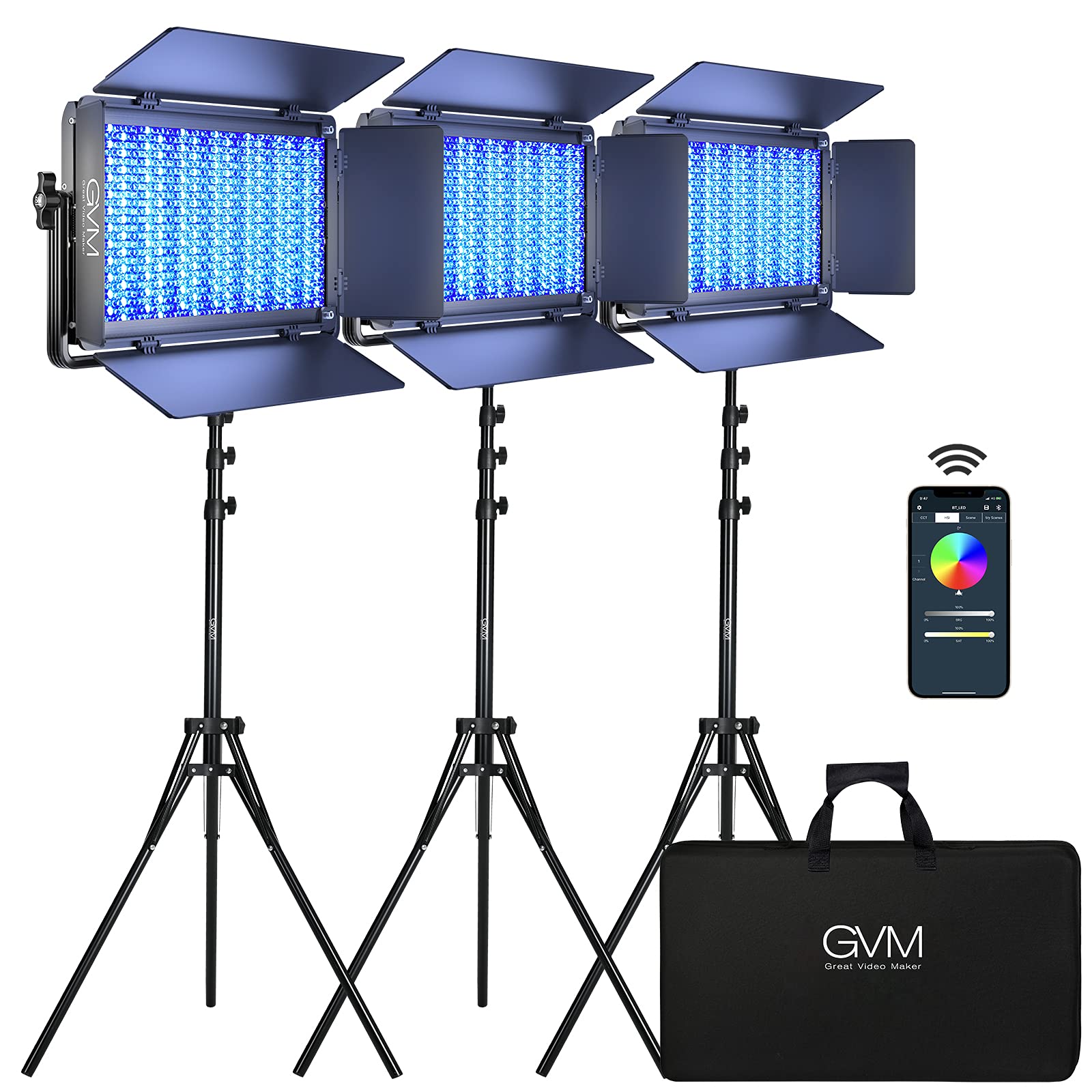 Gvm 1500D Rgb Led Video Light, 75W Video Lighting Kit With Bluetooth Control, 3 Packs Led Panel Light For Photography, Youtube S