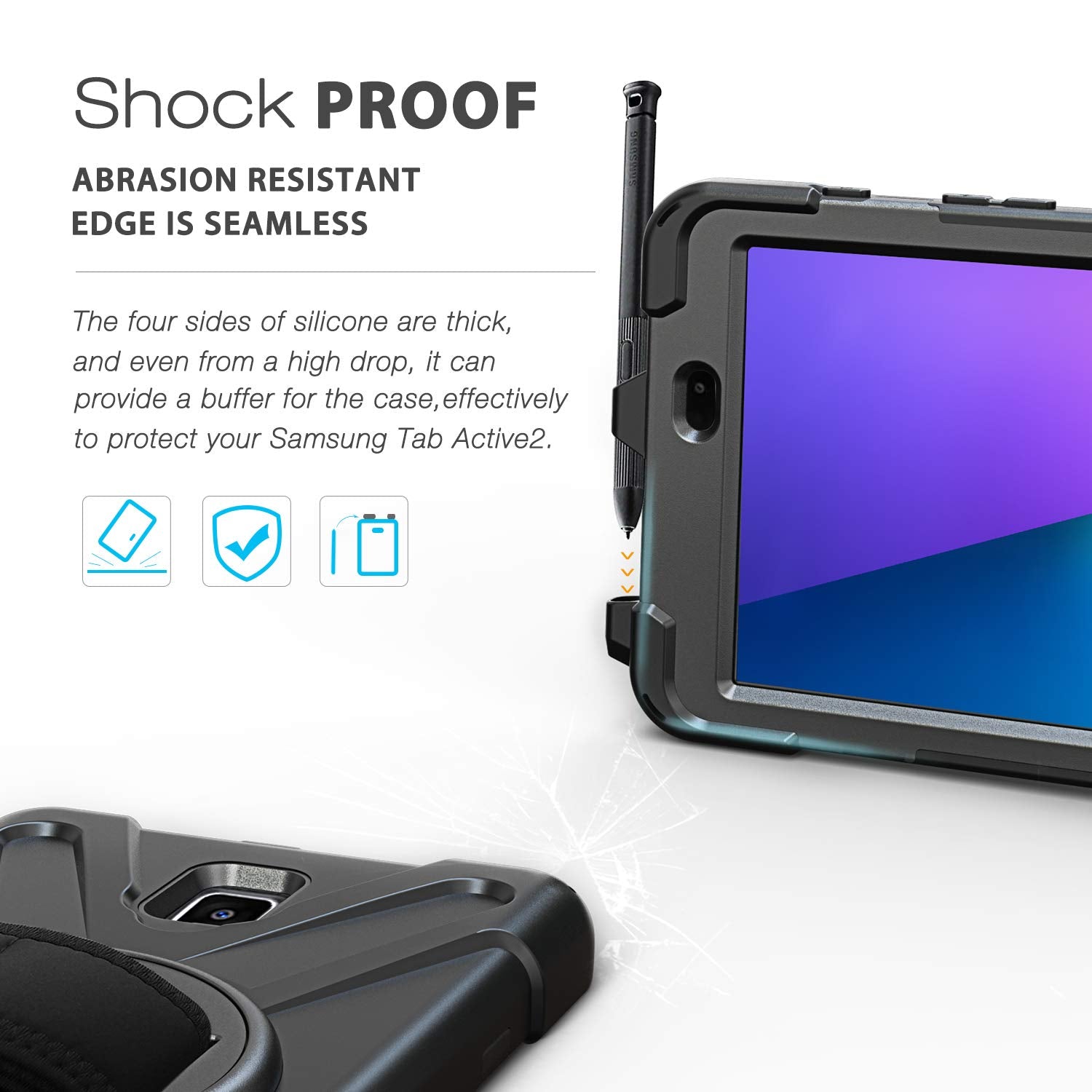 Braecn For Galaxy Tab Active 2 Case,Heavy Duty Shockproof Case With 360 Degree Rotating Handle Hand Strap/Kickstand And Carrying