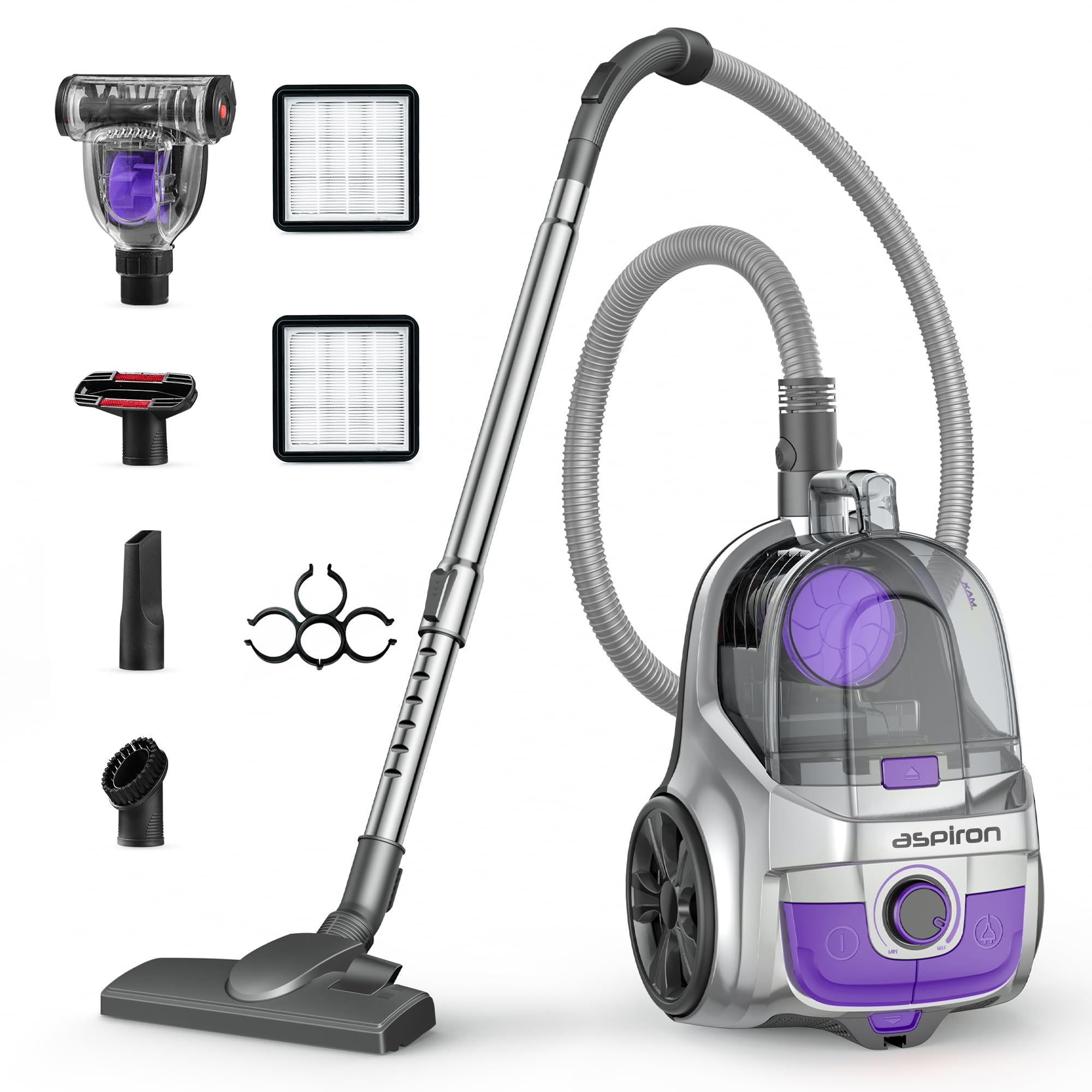 Aspiron Canister Vacuum, Upgraded 1600W Bagless Canister Vacuum Cleaner, Auto Cord Rewind, H13 HEPA Filter, 4Qt Large Capacity, 