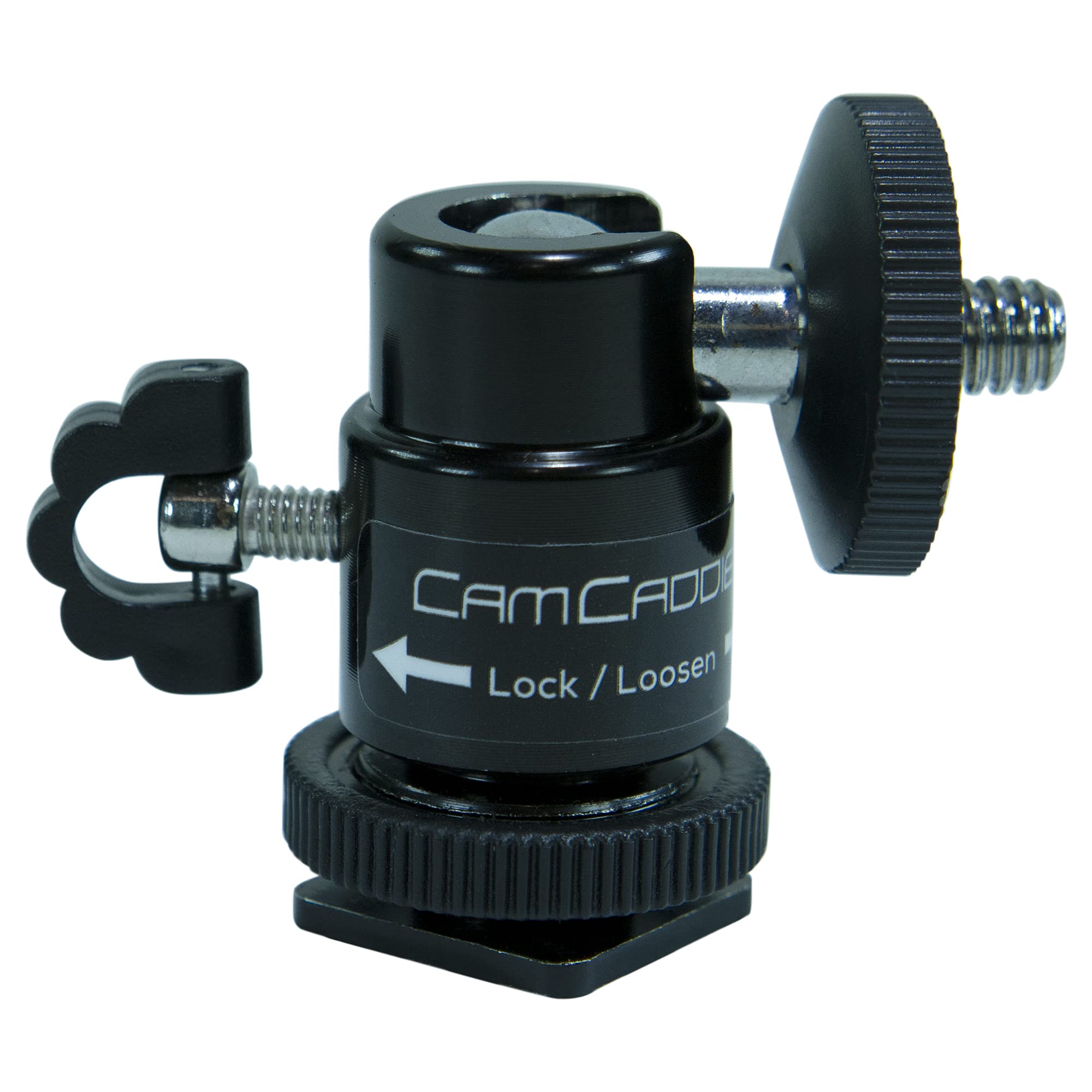 Cam Caddie� 360� Metal / Steel Mini Ball Head With Lock And Hot Shoe Adapter   Most Versatile Ball Head Available With All 3 Mounting Options: Flash Shoe, �� � 20 Threaded Post + ��  20 Socket