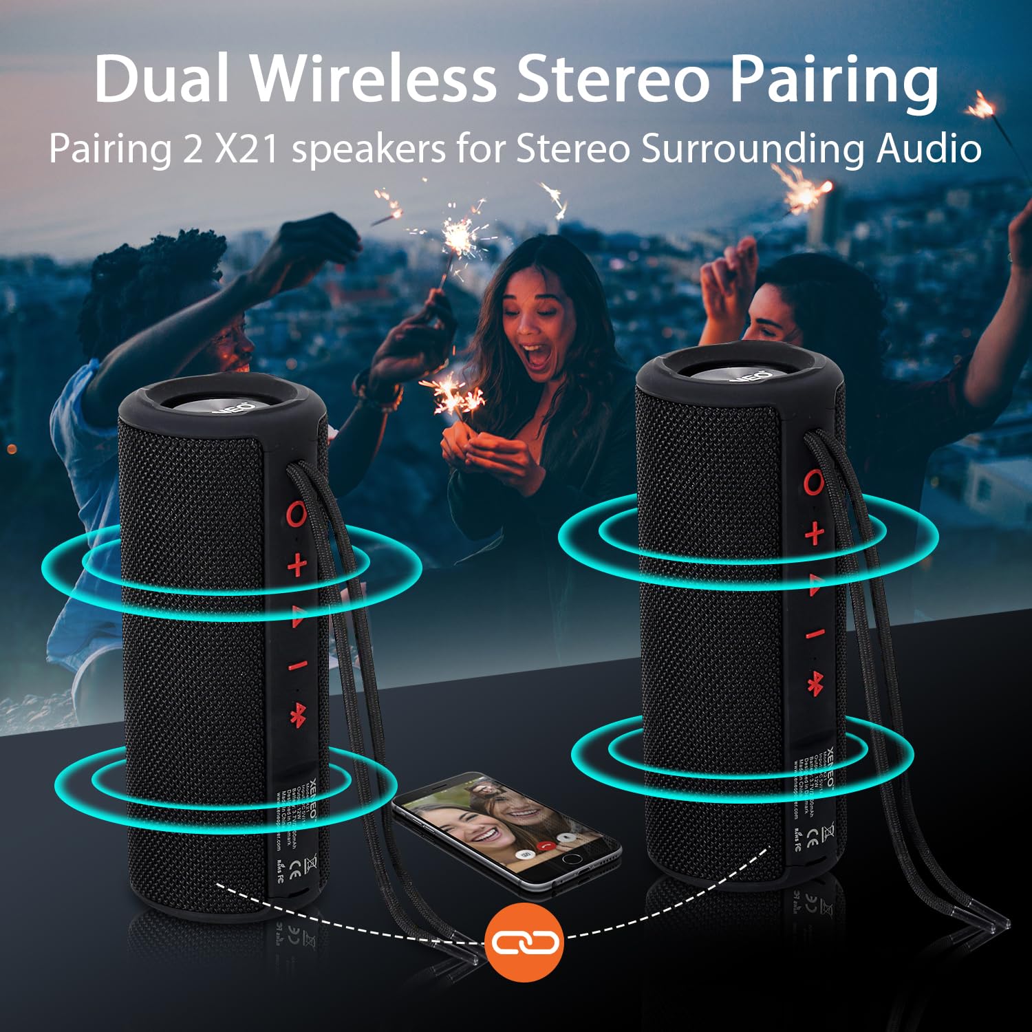 Xeneo X21 Dual Portable Bluetooth Speakers Waterproof Outdoor Wireless Stereo Pairing With Fm Radio, Micro Sd Card, Ipx6, Aux Ja