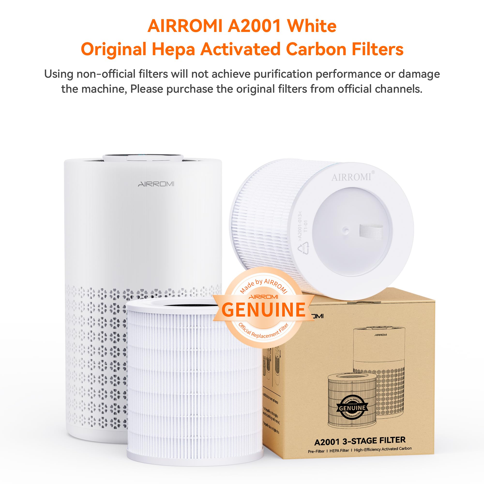 Airromi A2001 Hepa Air Purifier Replacement Filter, 3 In 1 Original Filter, Remove 99.97% Of 0.3 Micron Particle 2 Pack White Ac
