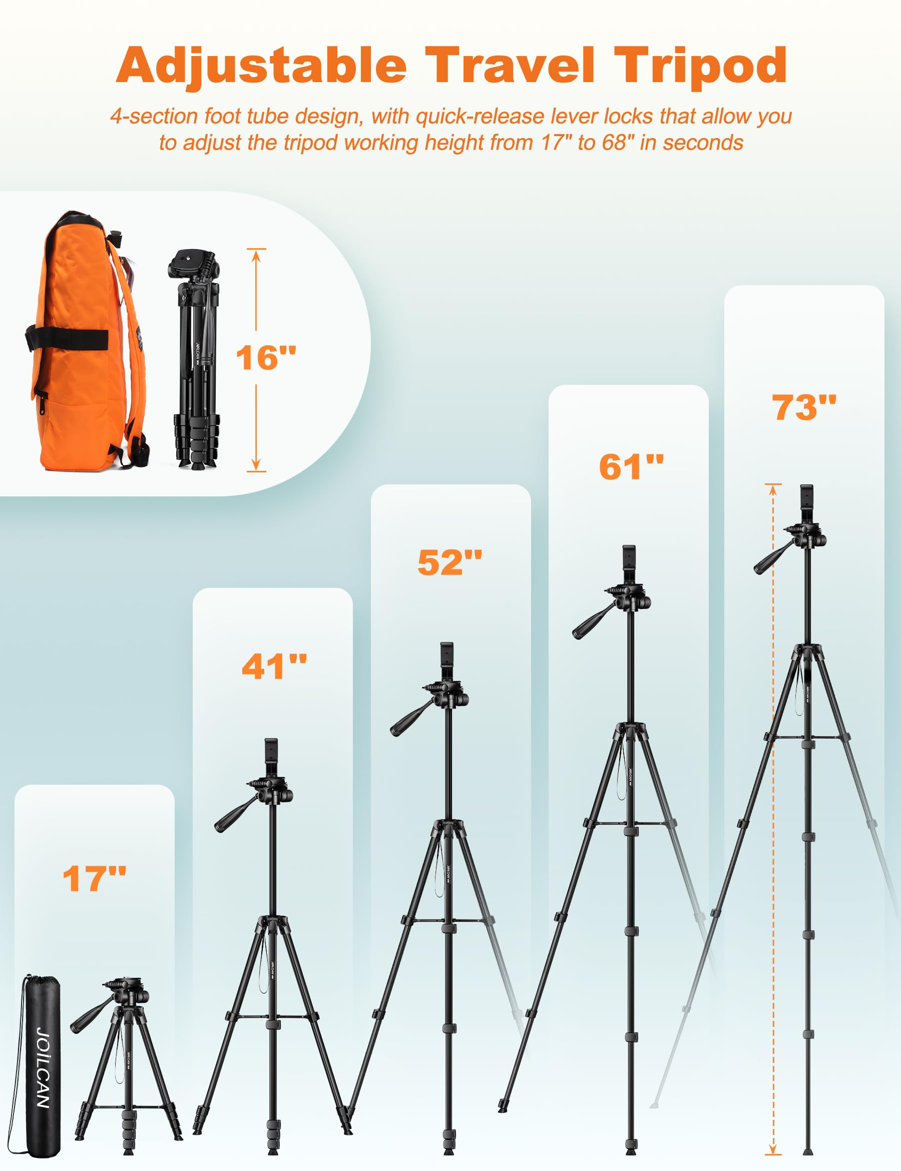 Joilcan Phone Tripod Stand, 68'' Tripod For Ipad Iphone Tablet With Remote Universal Holder Carry Bag, Travel Aluminum Tripod Fo