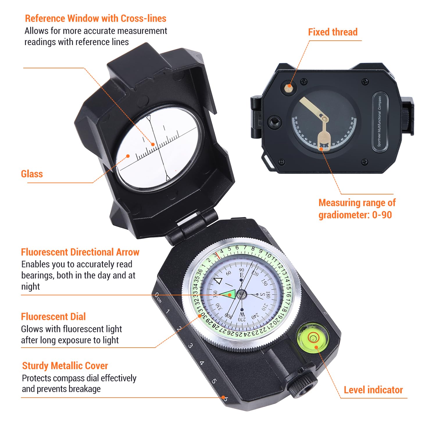 Sportneer Compass Survival Hiking Military Waterproof Lensatic Compass With Inclinometer For Camping Hunting