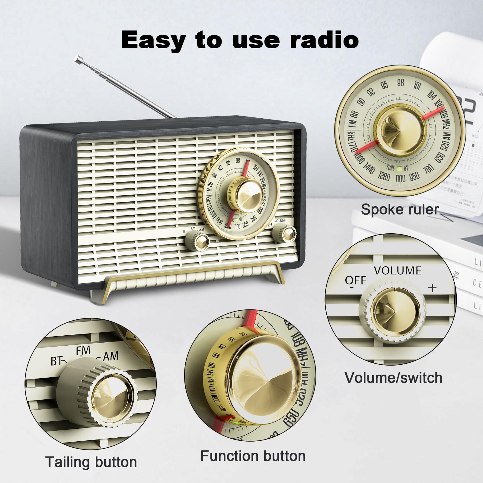 Yowguif Am Fm Radio Classic Retro Wood Table Radio Bluetooth Speakers Radios Plug In Wall With Rotary Knob Great For Home, Offic