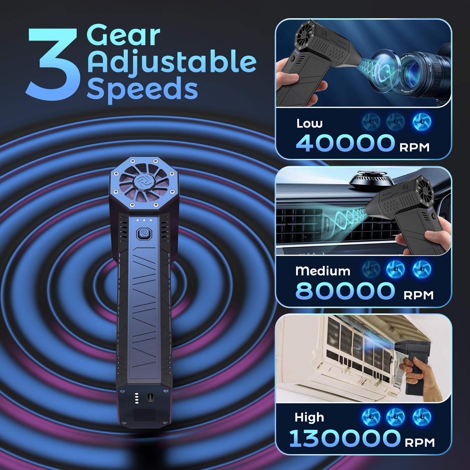 Cosano Electric Air Duster, 3 Gear Adjustable Mini Jet Blower 130000Rpm, Adjustable Electric Duster Replace Compressed Air Can R