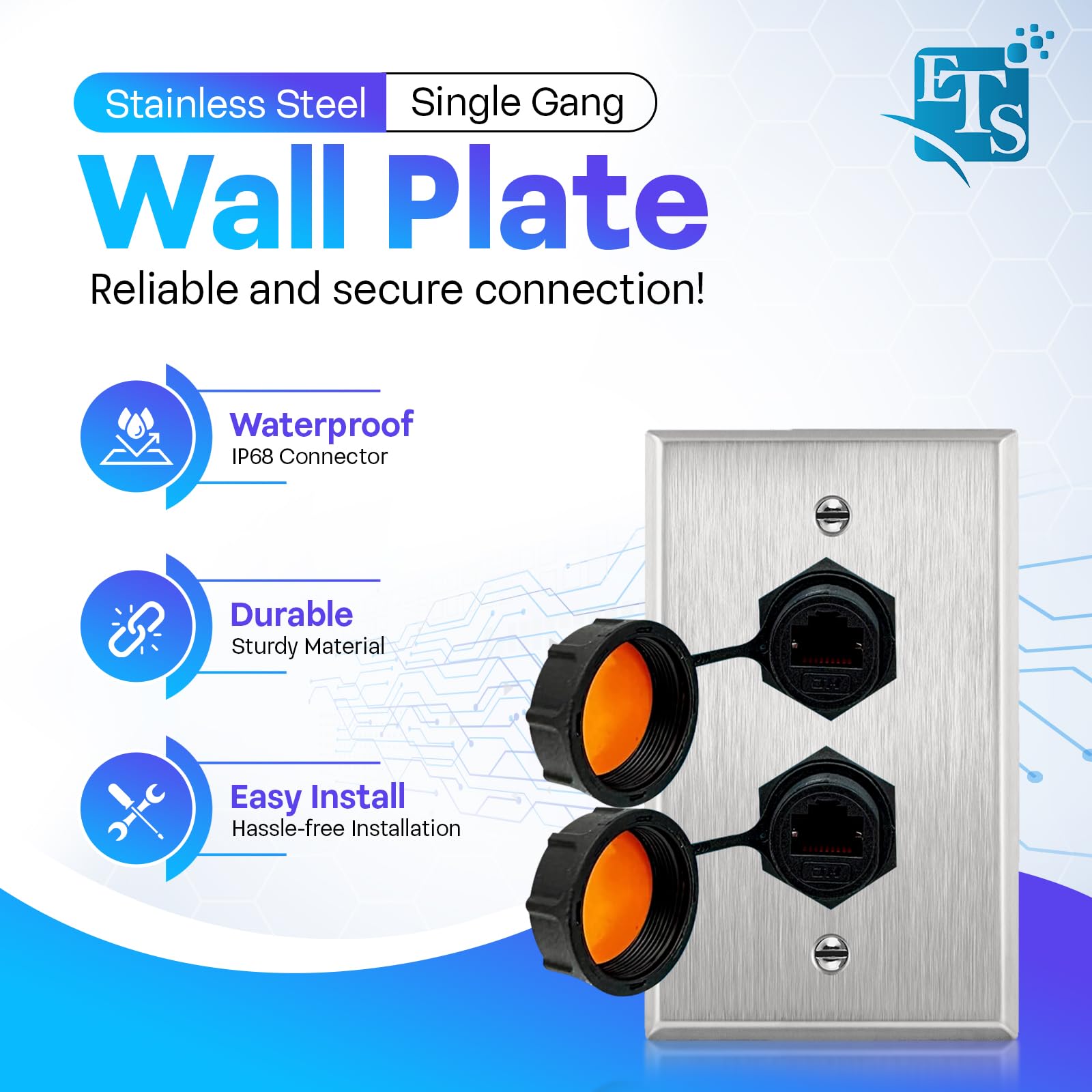ETS Dual Gang Stainless Steel Outdoor Ethernet Wall Plate with Double IP68 RJ45 CAT6 Pass-Through Jack