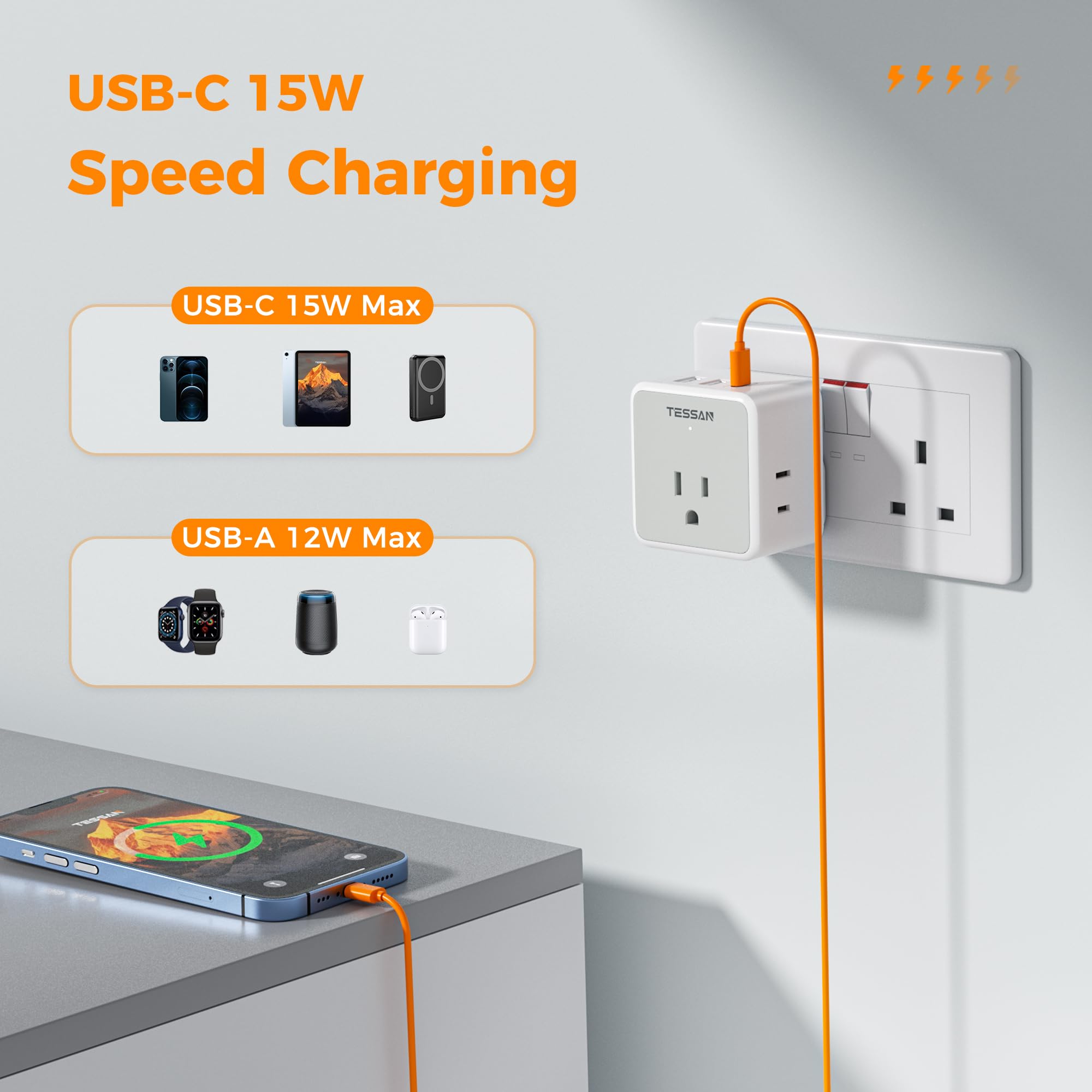 Tessan Universal Travel Adapter Kit, 6 In 1 International Power Adapter With 3 Usb (1 Usb C) And 3 Ac Outlets, Wordwide Adaptor