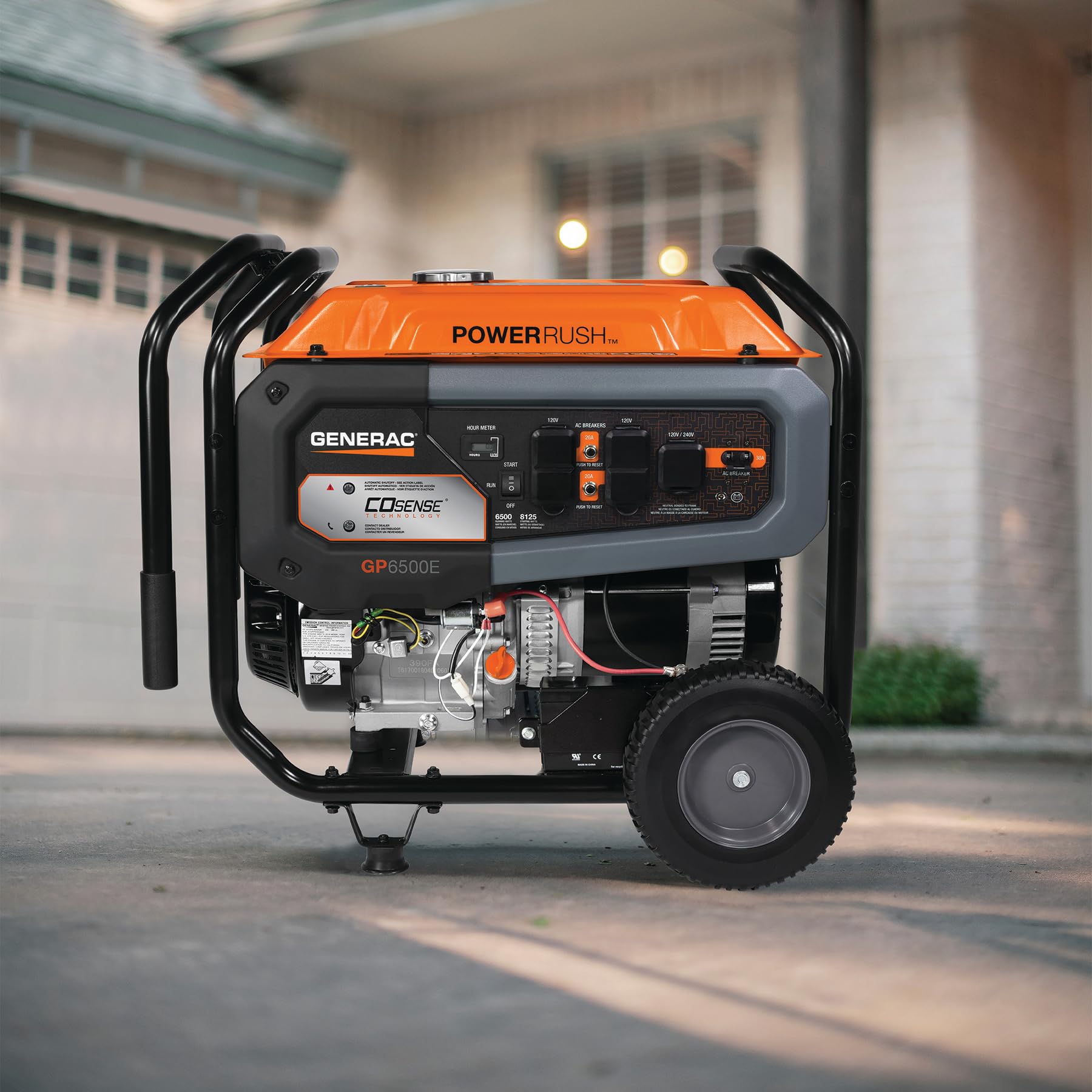 Generac 7713 Gp6500E 6,500 Watt Gas Powered Portable Generator   Electric Start   Cosense & Powerrush Advanced Technology   Reli