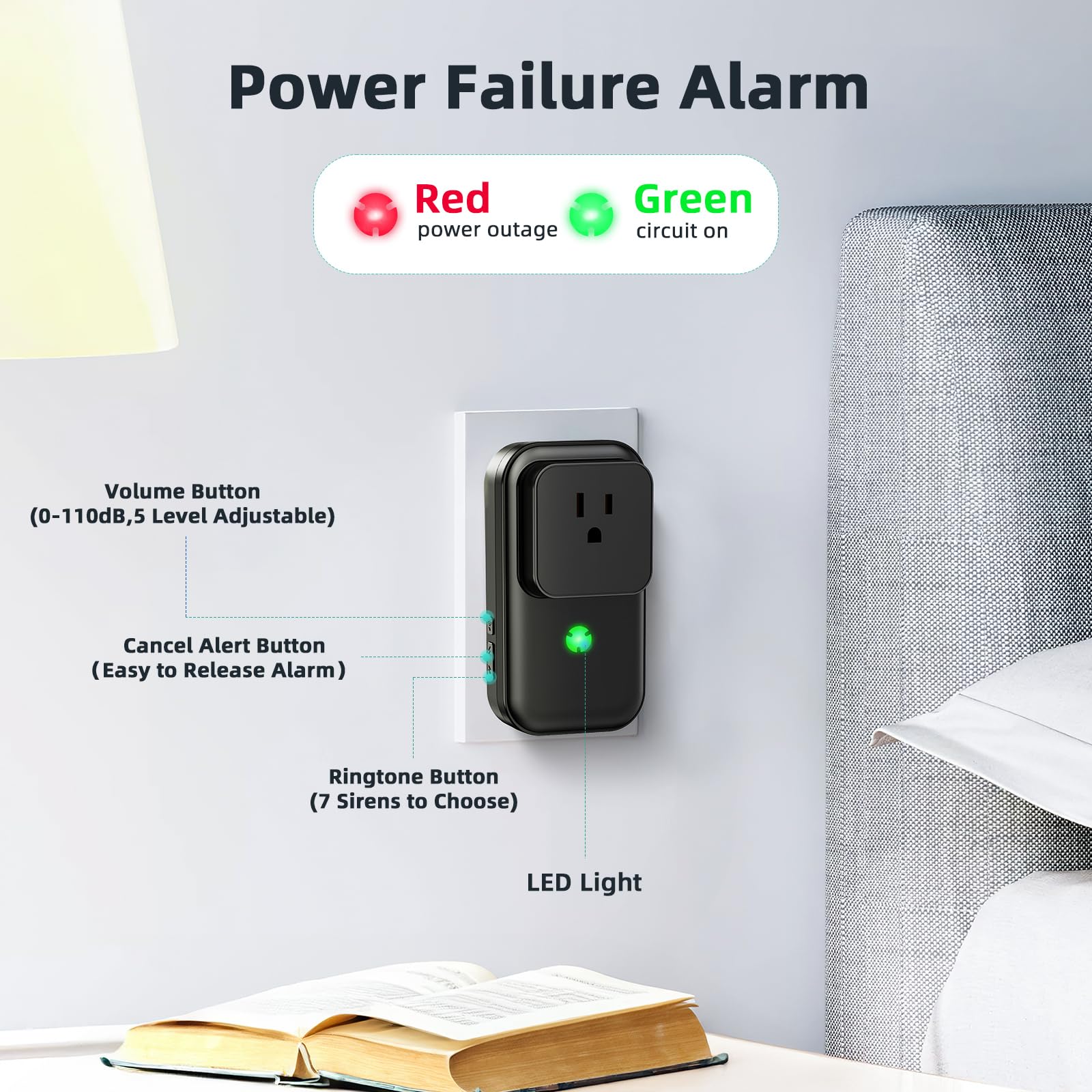 Satisure Power Failure Alarm - Freezer Power Outage Monitor with 7 Sirens, 0-110dB Adjustable Alert, LED Indicator for Refrigerators & Aquariums