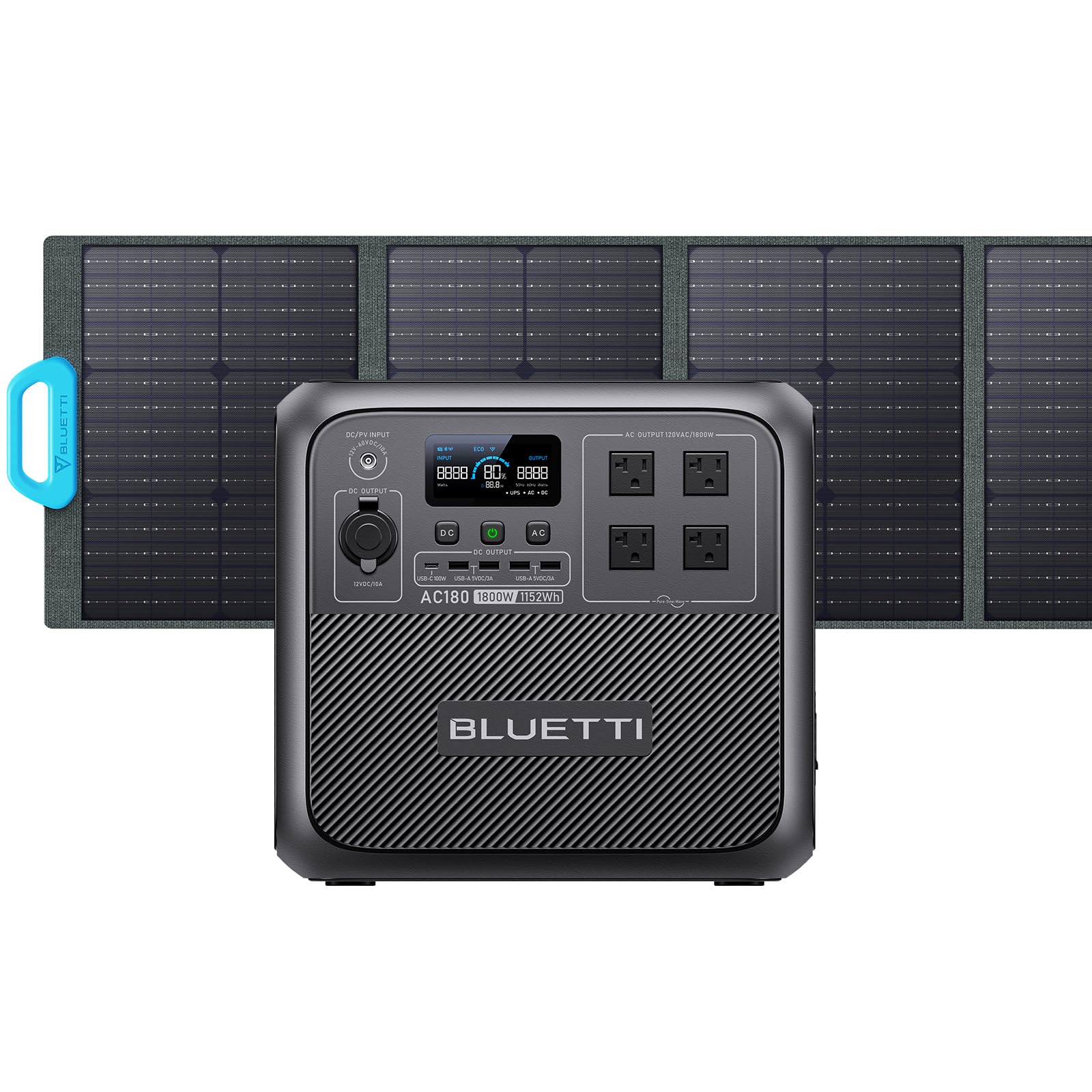 Bluetti Solar Generator Ac180 With Pv120 Solar Panel, 1152Wh Portable Power Station W/ 4 1800W (2700W Power Lifting) Ac Outlets,