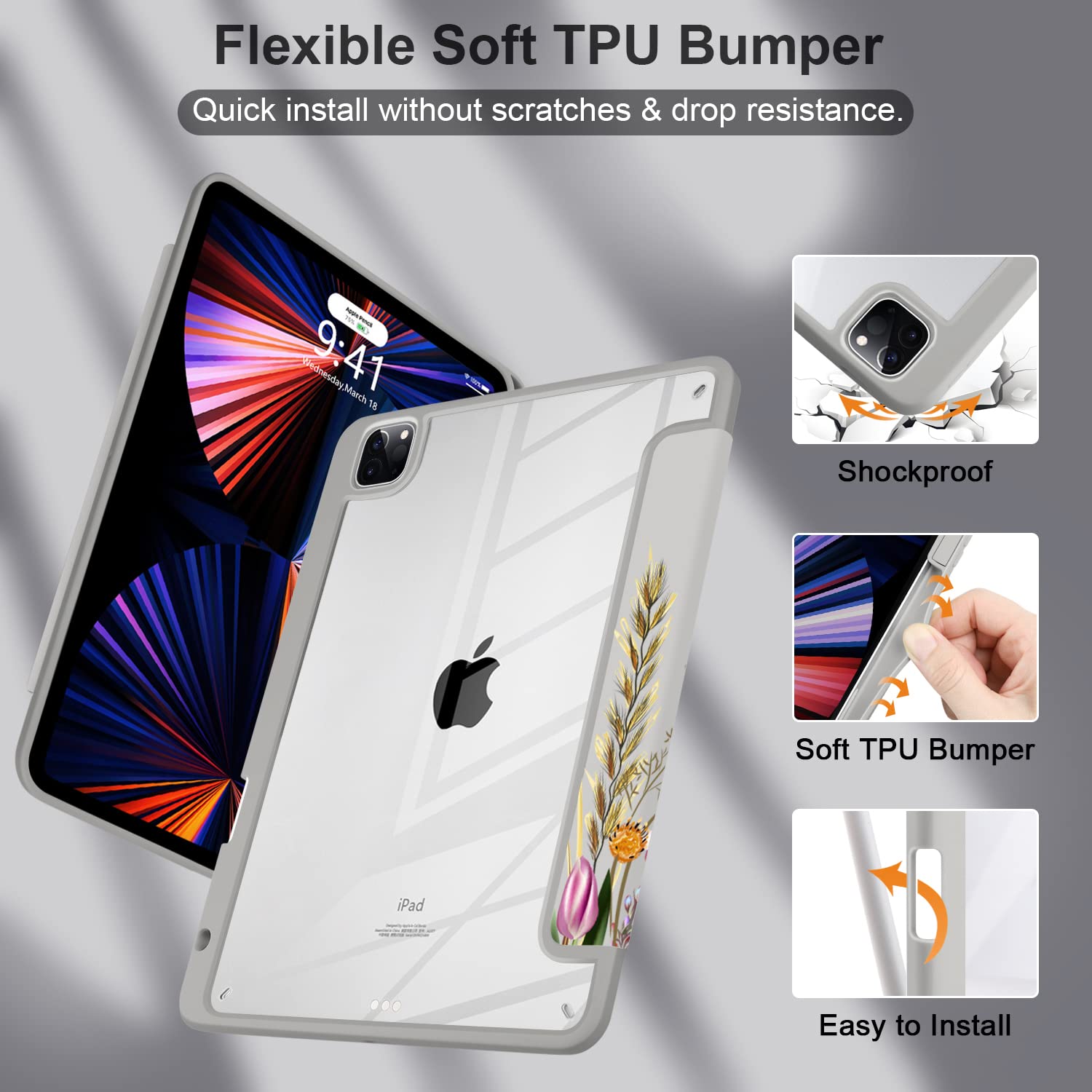 Batianda Hybrid Case For Ipad Pro 12.9 Inch 2022 M2 2021 5Th / Ipad Pro 12.9' 4Th/3Rd Gen [Built In Pencil Holder] Shockproof Cover With Clear Back Shell Tpu Bumper, Flowers