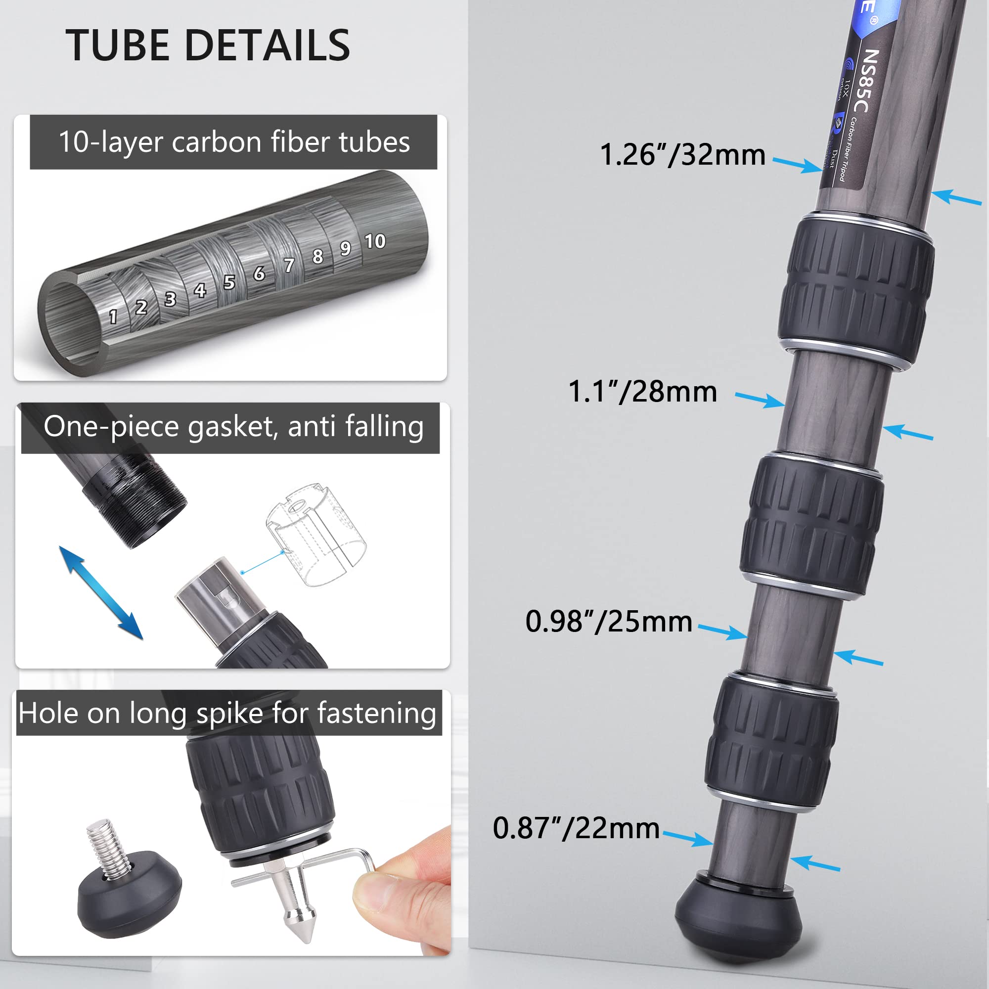 Carbon Fiber Camera Tripod With 44Mm Low Profile Ball Head Artcise Ns85C Professional Compact Tripod,Special Shaped Center Column,10 Layers Carbon Fiber, 32Mm Leg Tube,Max Load 55Lbs/25Kg Black