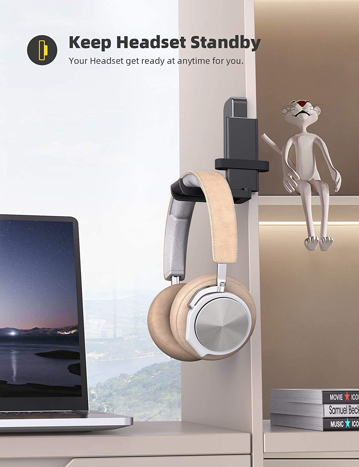 Lamicall Headphone Holder, Sticky Headset Stand   Under Desk Headphone Hanger, Rotable Adhesive Headset Hook Holder, Headset Mou